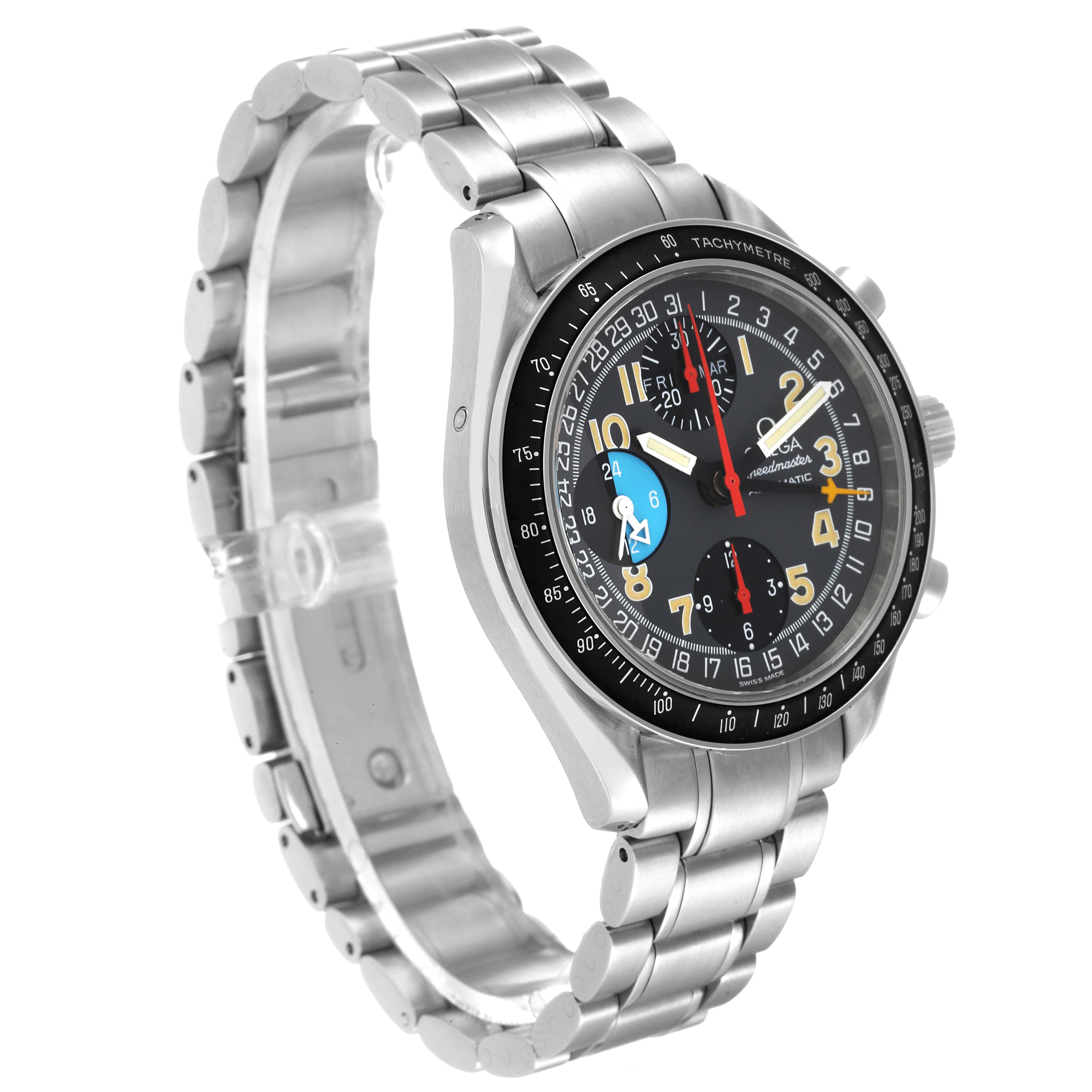 The image shows a side-angle view of the Omega Speedmaster 3520.53.00 Men's Stainless Steel Grey Dial 3520.53.00 Men's Stainless Steel Grey Dial watch, highlighting its face, bezel, and metal bracelet.