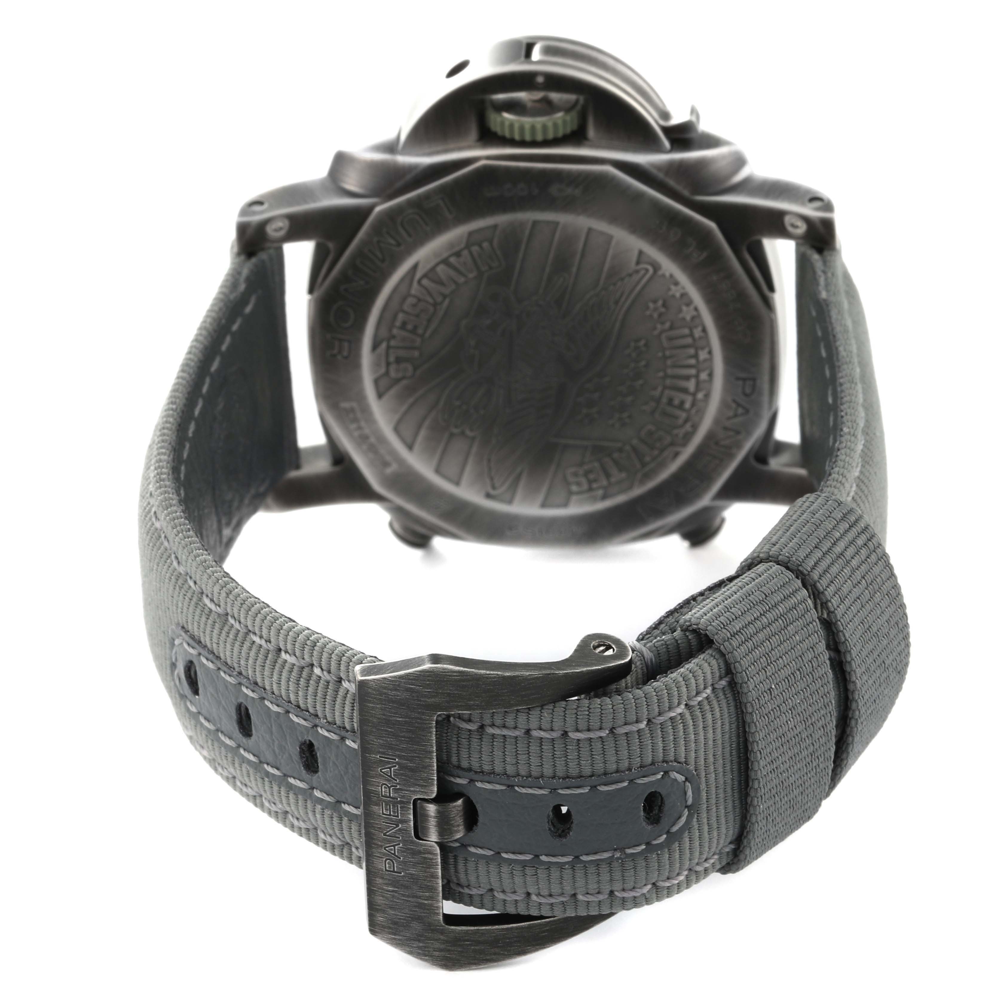 This image shows the back view of a Panerai Luminor PAM01409 Men's Stainless Steel Grey Dial PAM01409 Men's Stainless Steel Grey Dial watch, focusing on the case back and the buckle of the strap.