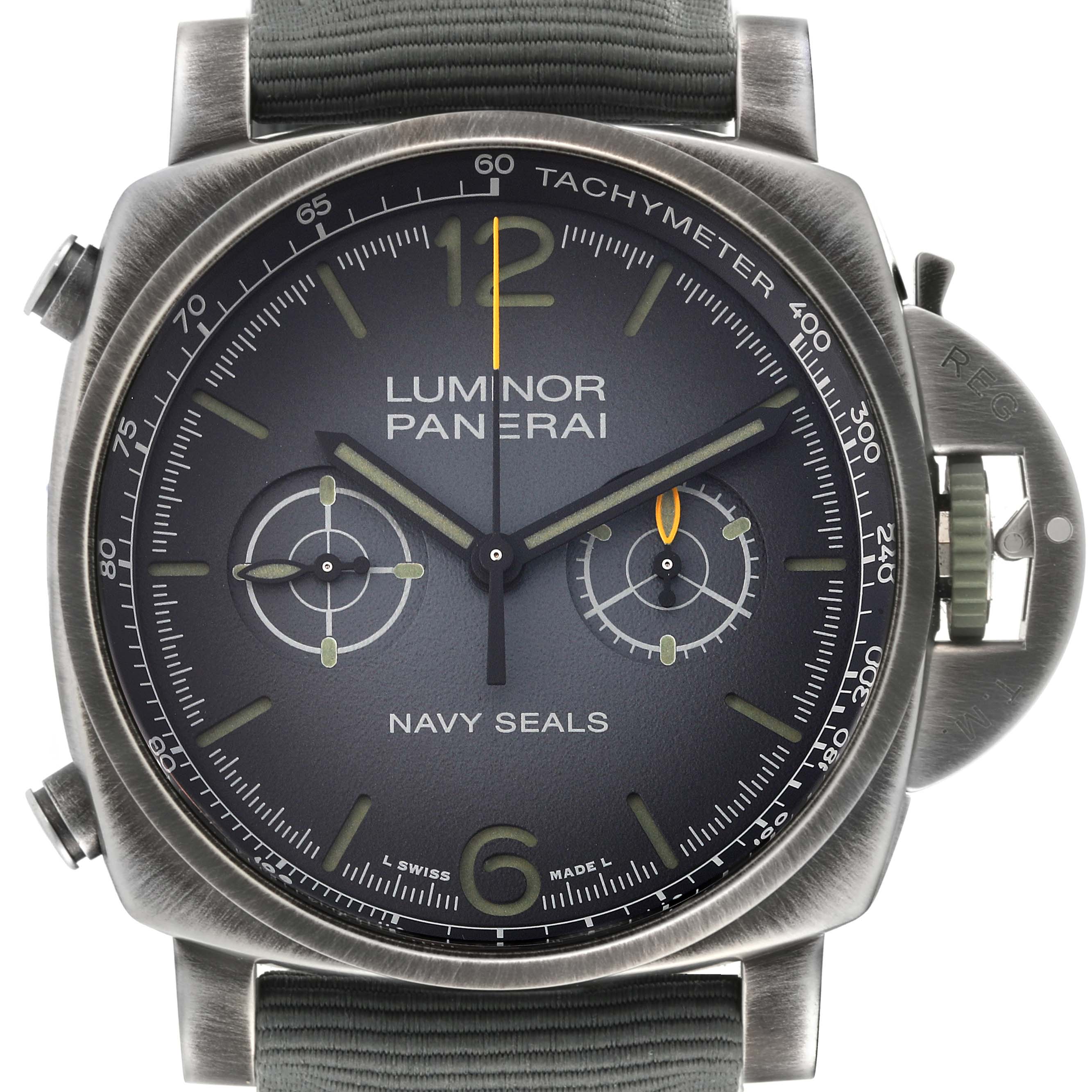 The image shows a front view of a Panerai Luminor PAM01409 Men's Stainless Steel Grey Dial PAM01409 Men's Stainless Steel Grey Dial watch, highlighting its dial, subdials, and tachymeter scale.