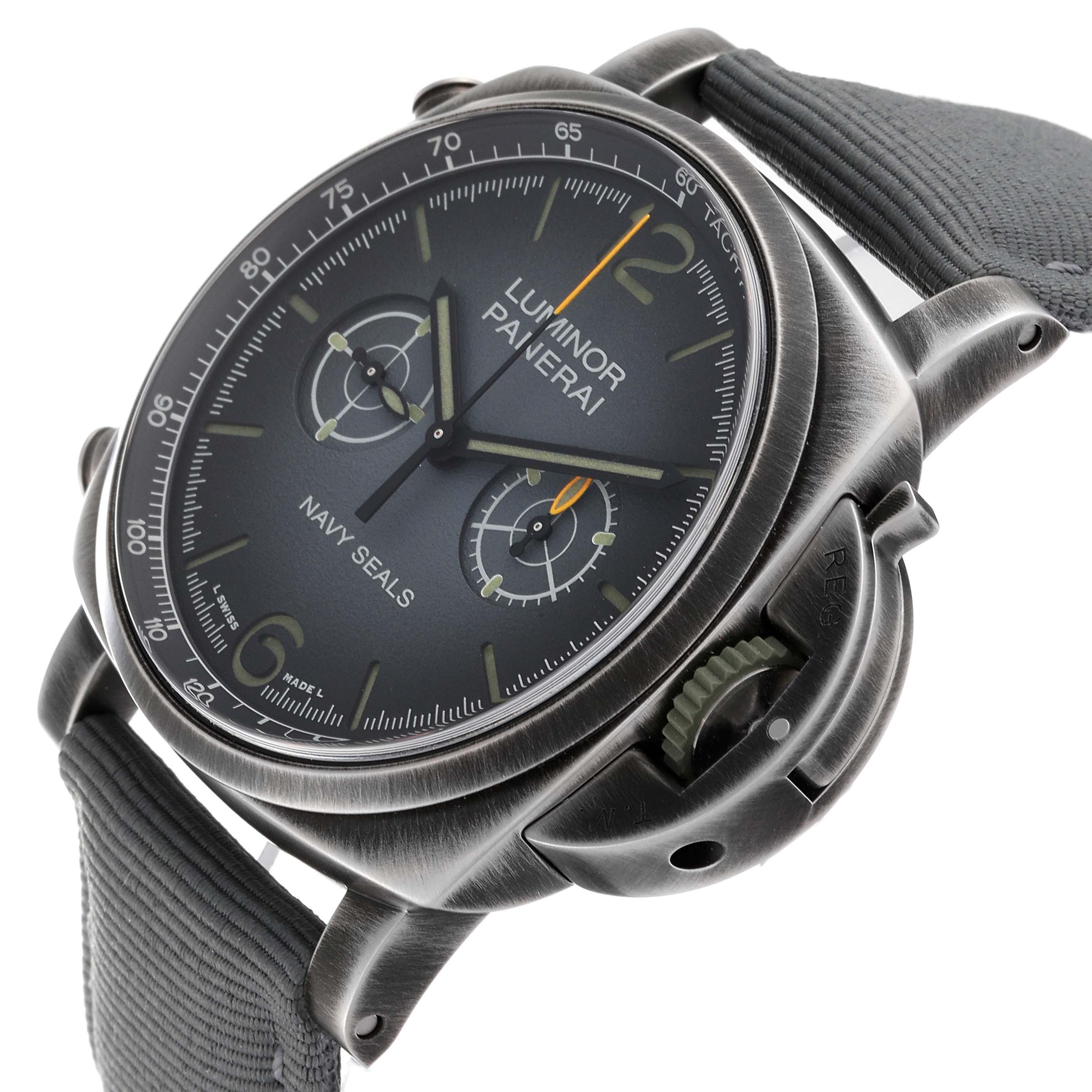 The image shows a side-front angle of the Panerai Luminor PAM01409 Men's Stainless Steel Grey Dial PAM01409 Men's Stainless Steel Grey Dial watch, highlighting the dial, case, strap, and crown guard.
