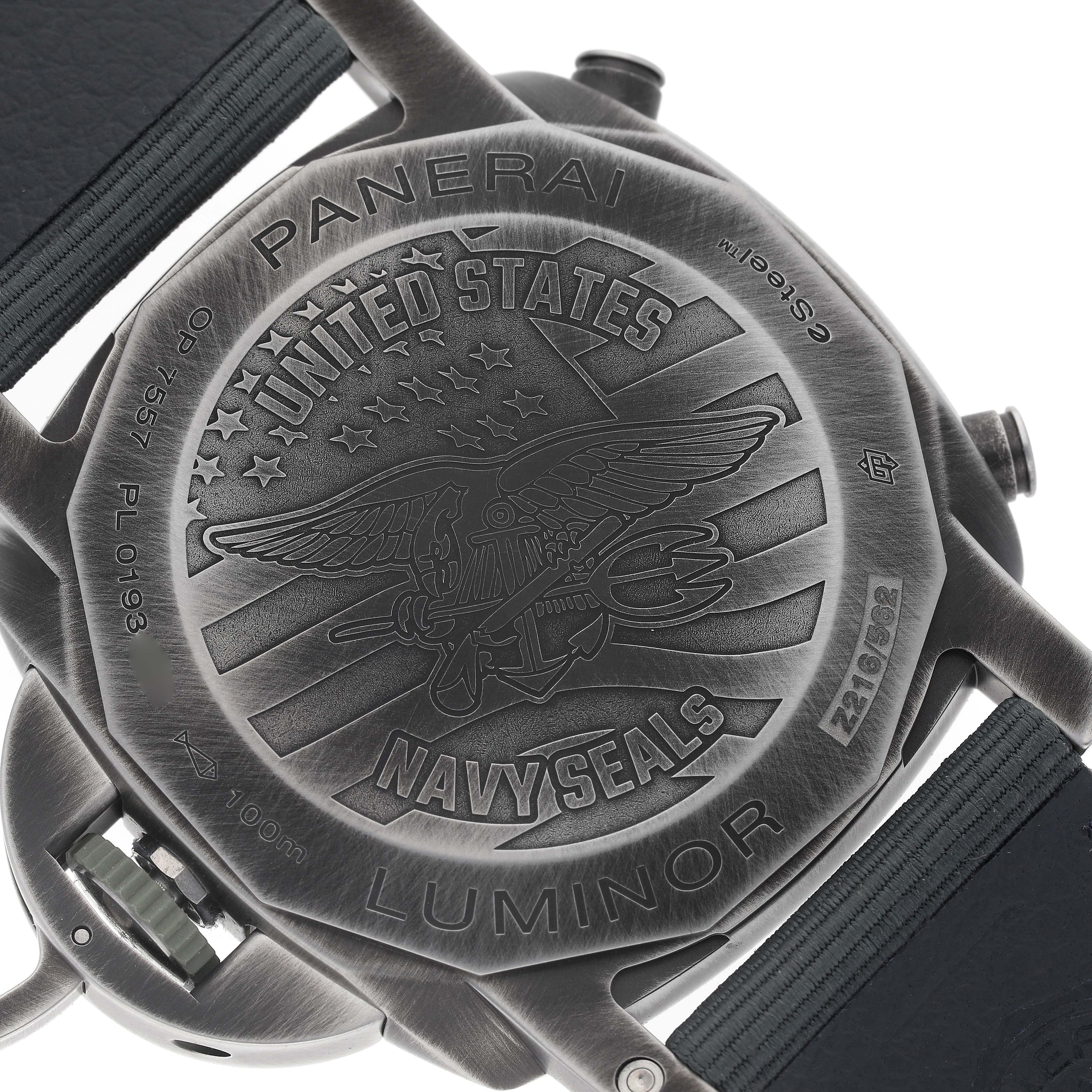 The image shows the back case of a Panerai Luminor PAM01409 Men's Stainless Steel Grey Dial PAM01409 Men's Stainless Steel Grey Dial watch with "United States Navy Seals" engraving.