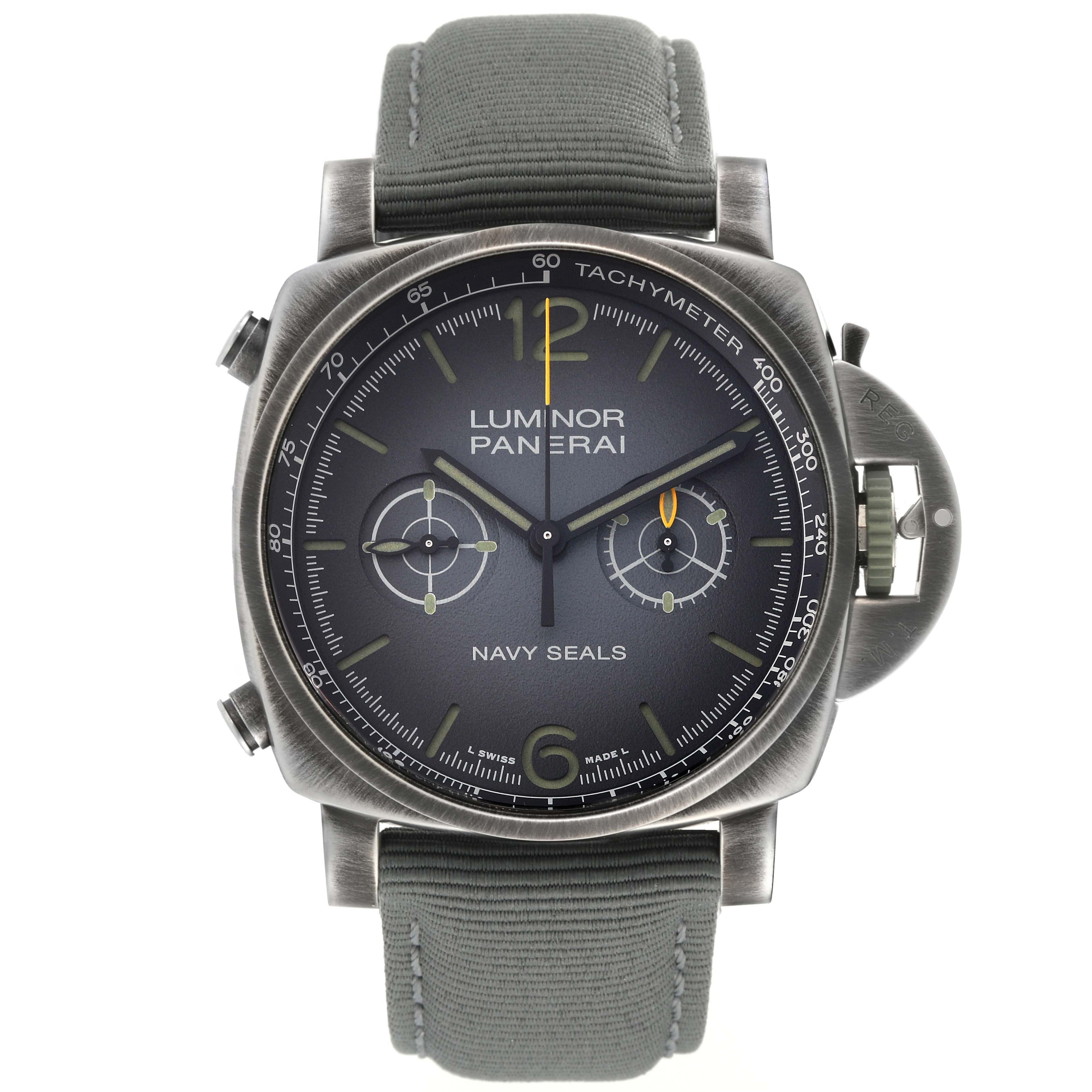 The image shows a front view of a Panerai Luminor PAM01409 Men's Stainless Steel Grey Dial PAM01409 Men's Stainless Steel Grey Dial watch with a tachymeter, chronograph subdials, and a grey strap.