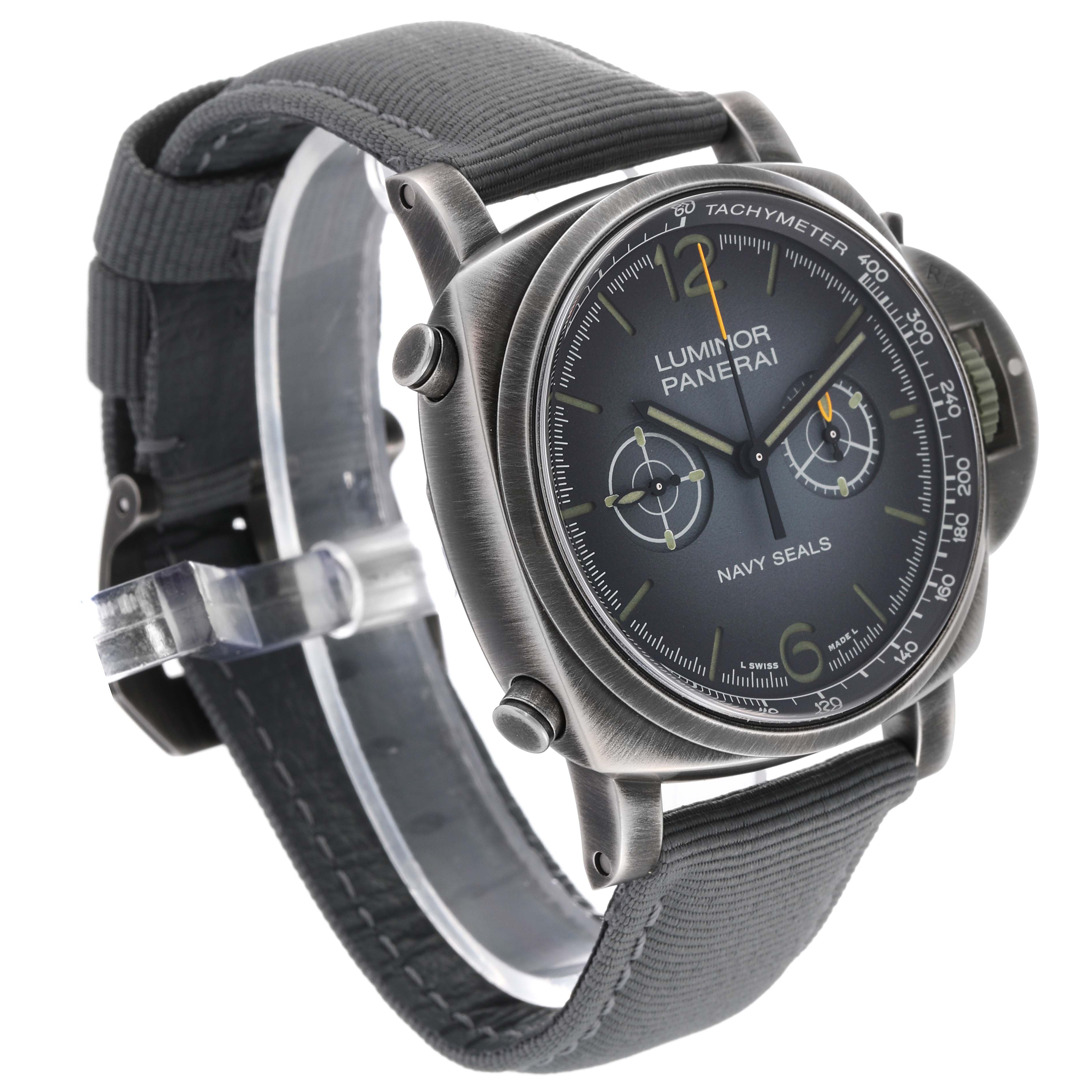 The image shows a side-angle view of a Panerai Luminor PAM01409 Men's Stainless Steel Grey Dial PAM01409 Men's Stainless Steel Grey Dial model, displaying its face, bezel, crown, and strap.
