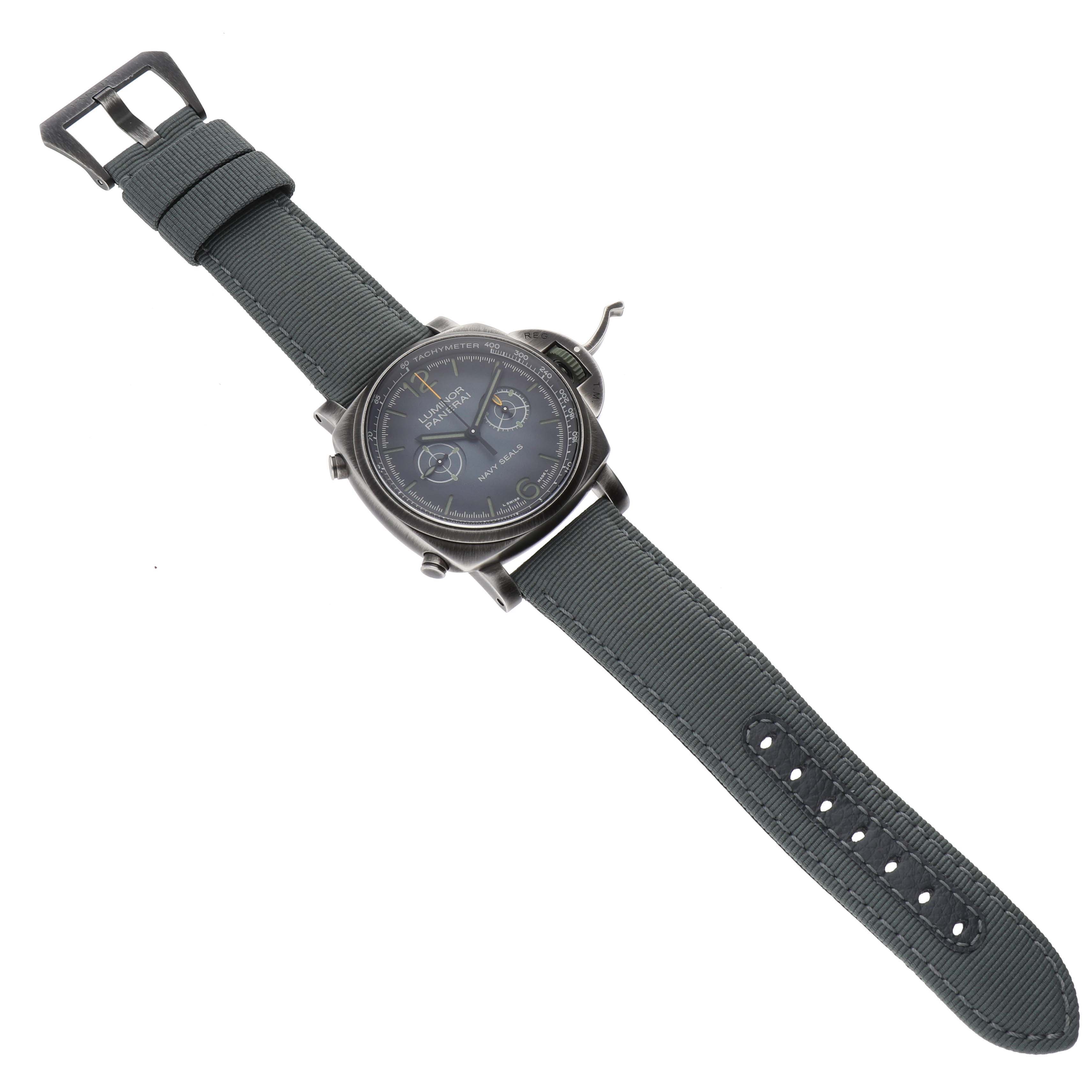 The Panerai Luminor PAM01409 Men's Stainless Steel Grey Dial PAM01409 Men's Stainless Steel Grey Dial watch is shown from an overhead angle, fully displaying its face and strap.