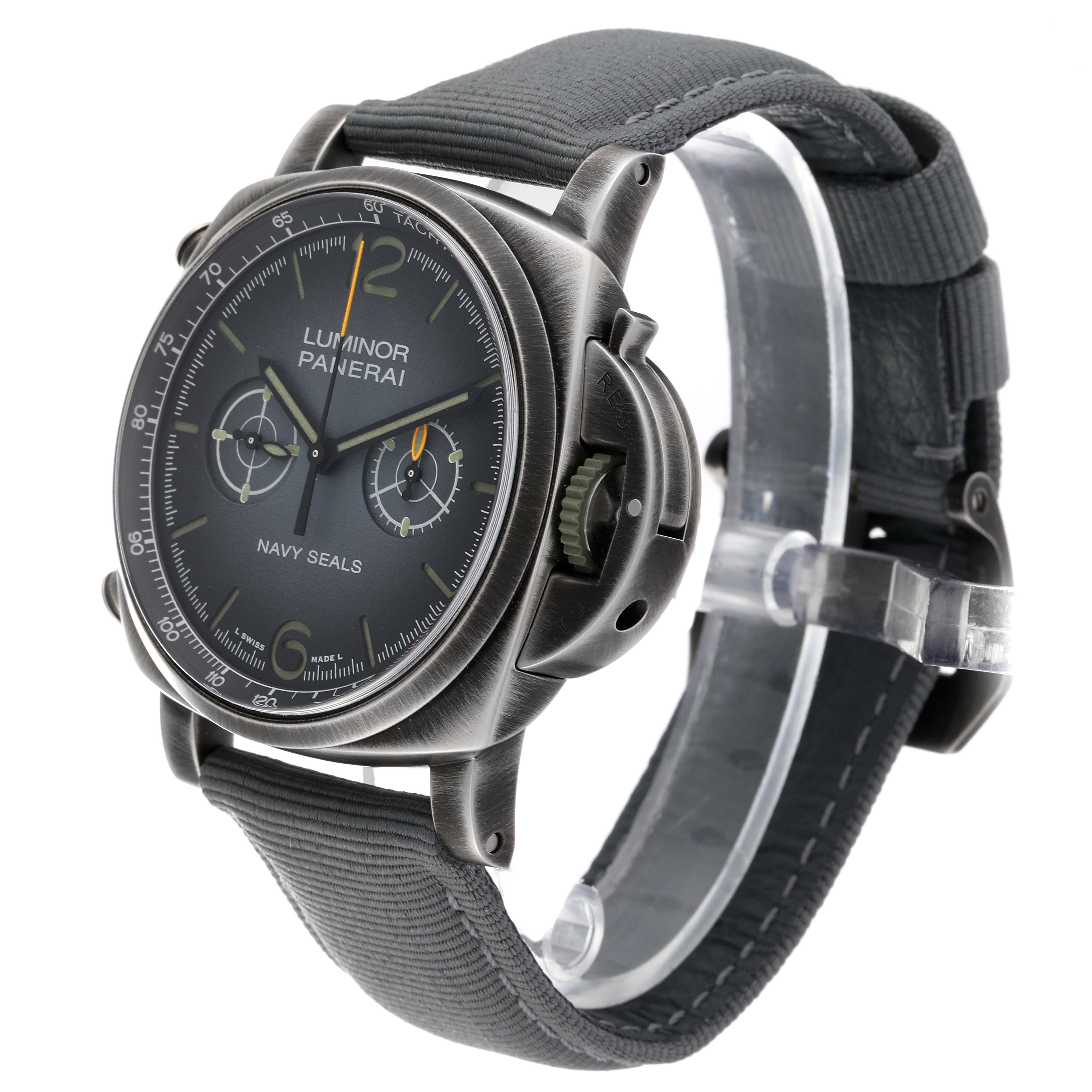 This image shows a Panerai Luminor PAM01409 Men's Stainless Steel Grey Dial PAM01409 Men's Stainless Steel Grey Dial watch at a three-quarter angle, highlighting the dial, crown guard, and strap.
