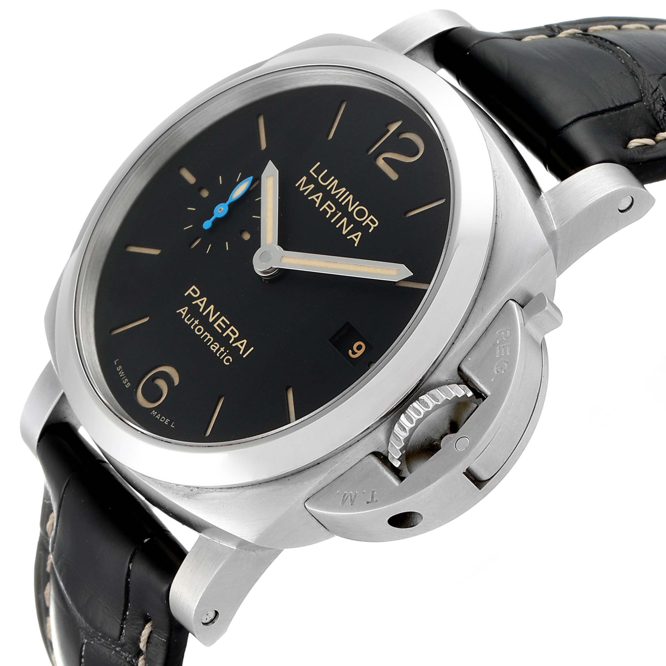 The image shows a Panerai Luminor PAM01392 Men
s Stainless Steel Black Dial PAM01392 Men
s Stainless Steel Black Dial model watch at a three-quarter angle, highlighting its face, crown, and strap.