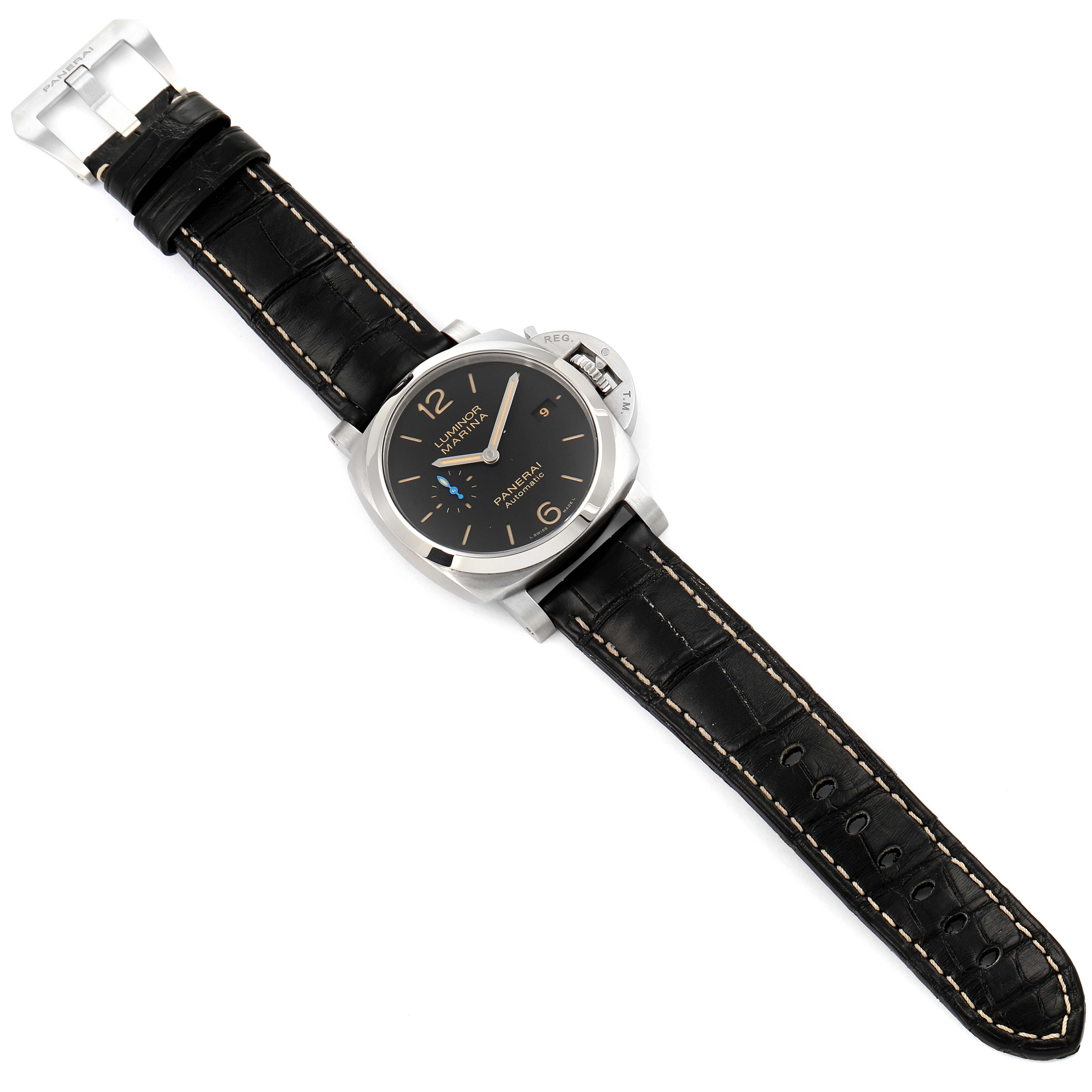 The watch is a Panerai Luminor PAM01392 Men
s Stainless Steel Black Dial PAM01392 Men
s Stainless Steel Black Dial model shown from the front, featuring the face, strap, and buckle.