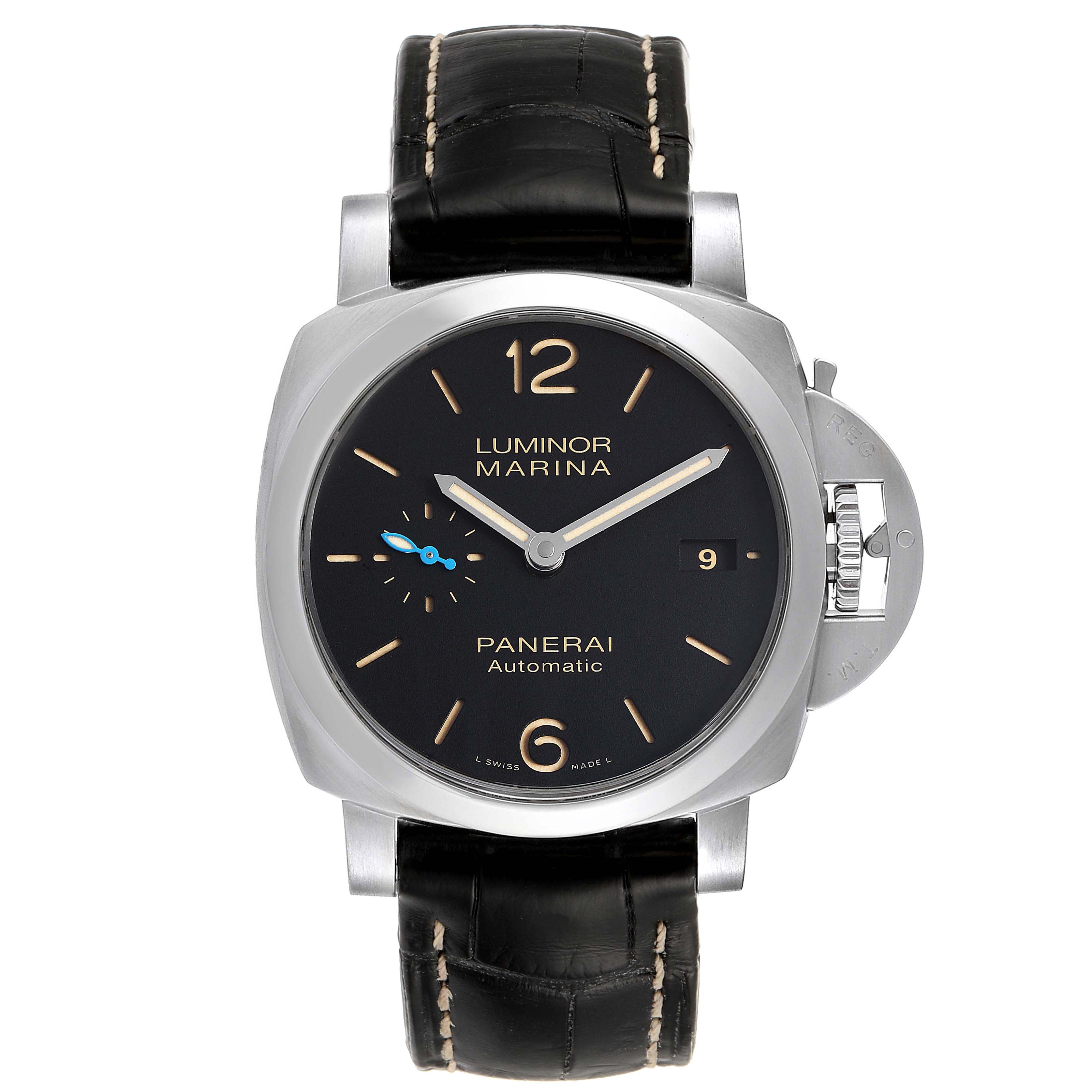 This image shows a front view of the Panerai Luminor PAM01392 Men
s Stainless Steel Black Dial PAM01392 Men
s Stainless Steel Black Dial watch with its black dial, date window, and leather strap.