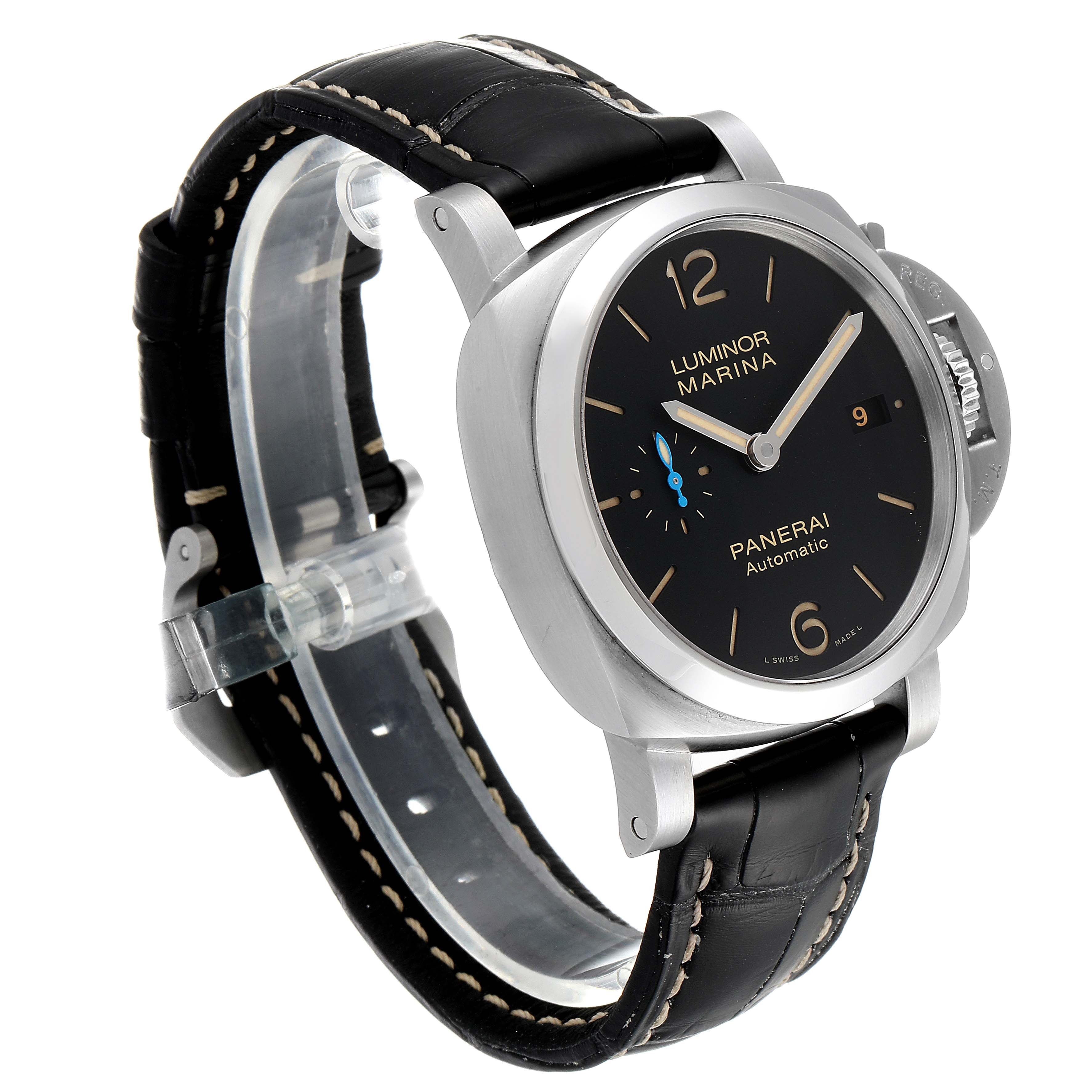 This image shows a Panerai Luminor PAM01392 Men
s Stainless Steel Black Dial PAM01392 Men
s Stainless Steel Black Dial model watch at a three-quarter angle displaying its face, case, crown guard, and leather strap.