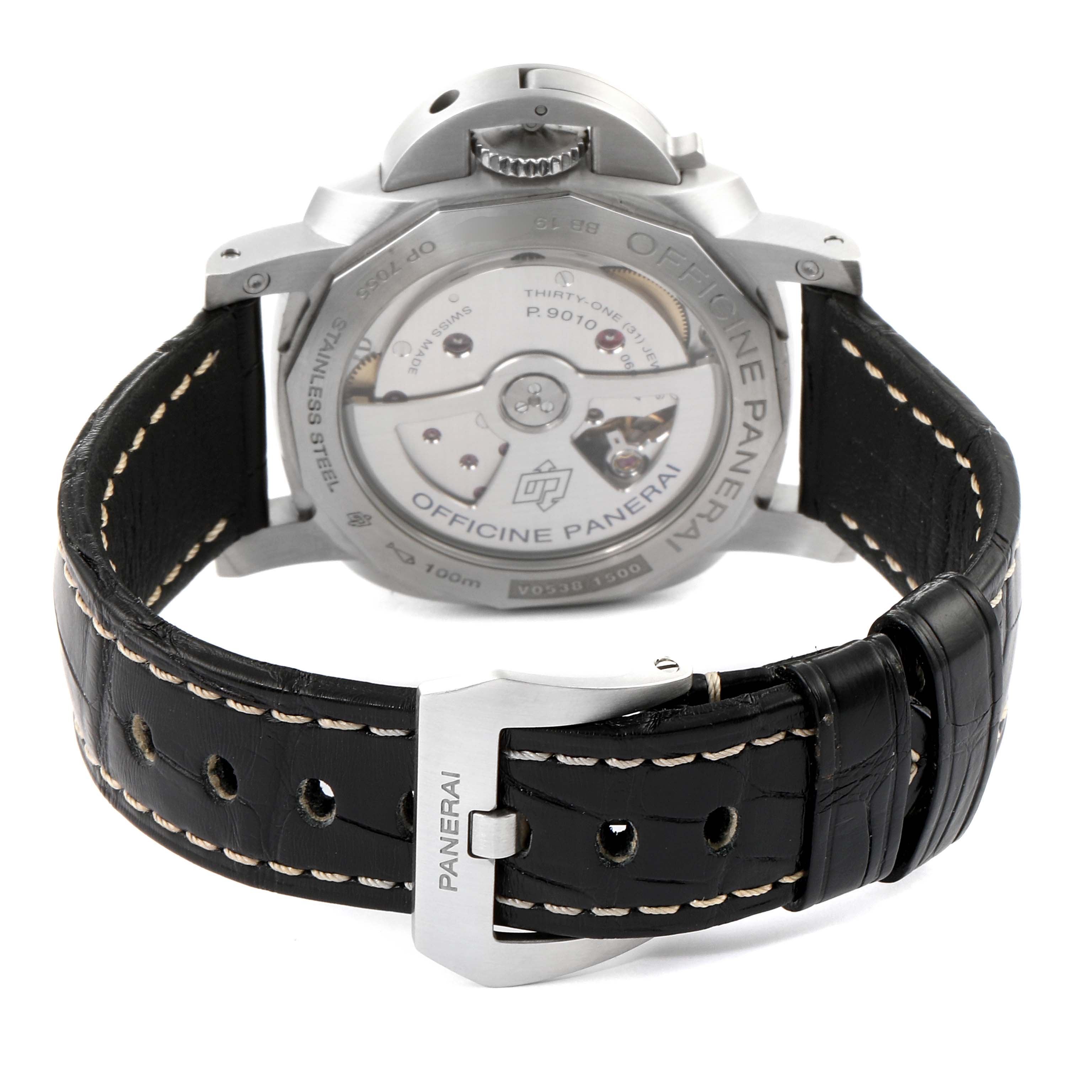 The image shows the back view of a Panerai Luminor PAM01392 Men
s Stainless Steel Black Dial PAM01392 Men
s Stainless Steel Black Dial watch, highlighting the movement and the black leather strap with the buckle visible.