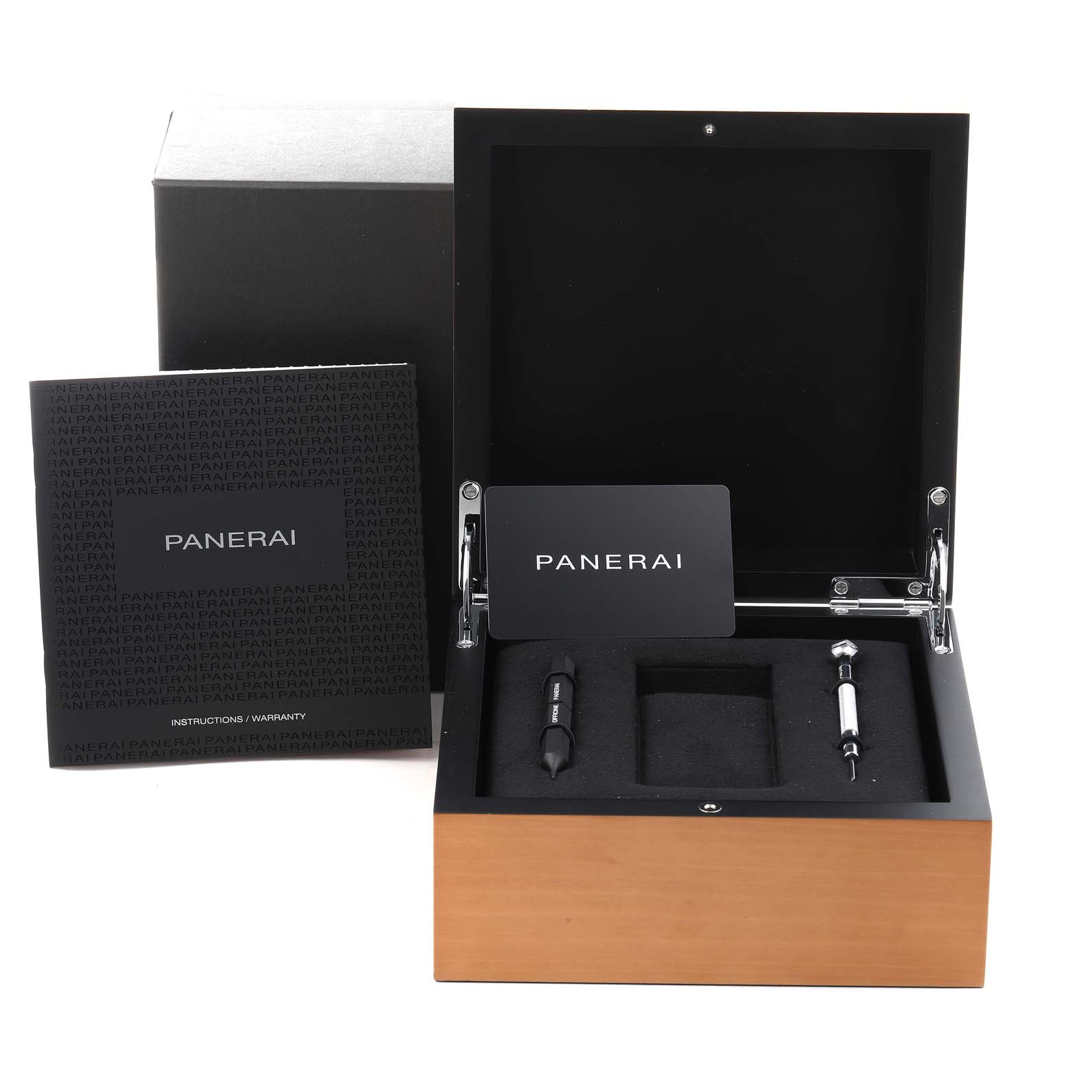 The image shows a Panerai Luminor PAM01392 Men
s Stainless Steel Black Dial PAM01392 Men
s Stainless Steel Black Dial watch box, tools, warranty card, and instruction manual from a top-front angle.