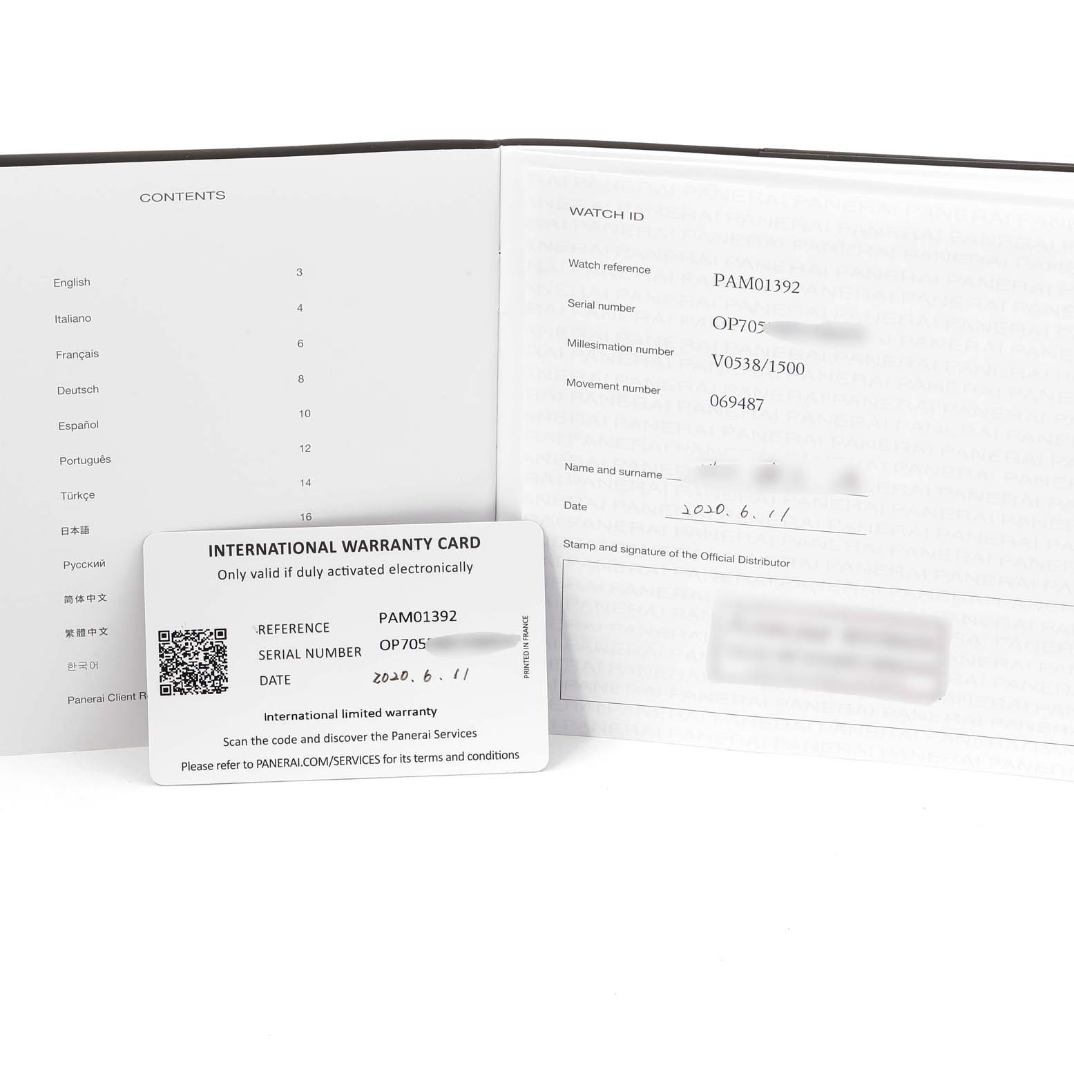 The image shows an international warranty card and documentation booklet for a Panerai Luminor PAM01392 Men
s Stainless Steel Black Dial PAM01392 Men
s Stainless Steel Black Dial model, specifically reference PAM01392.