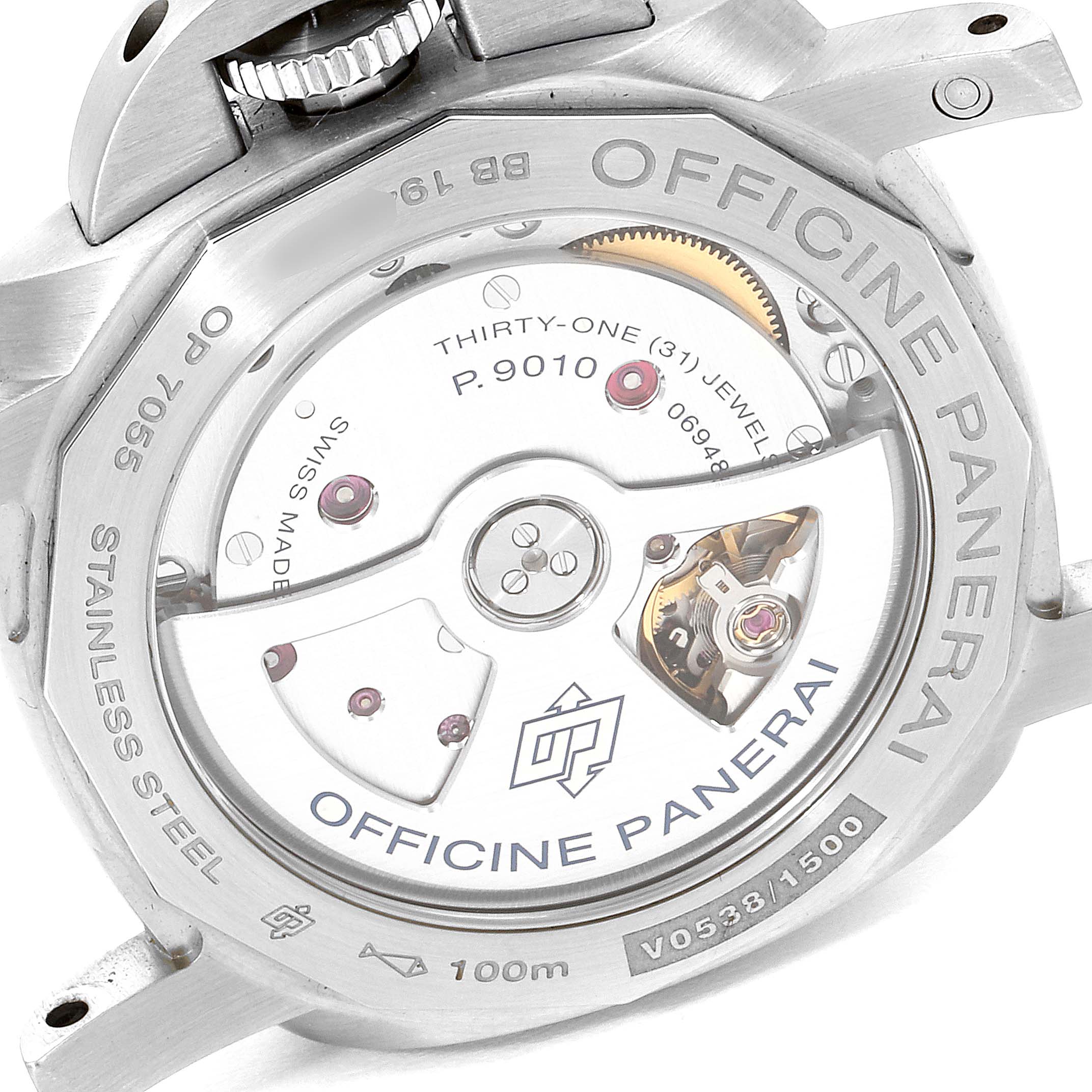 This image shows the case back of a Panerai Luminor PAM01392 Men
s Stainless Steel Black Dial PAM01392 Men
s Stainless Steel Black Dial watch, exposing its internal mechanical movement.