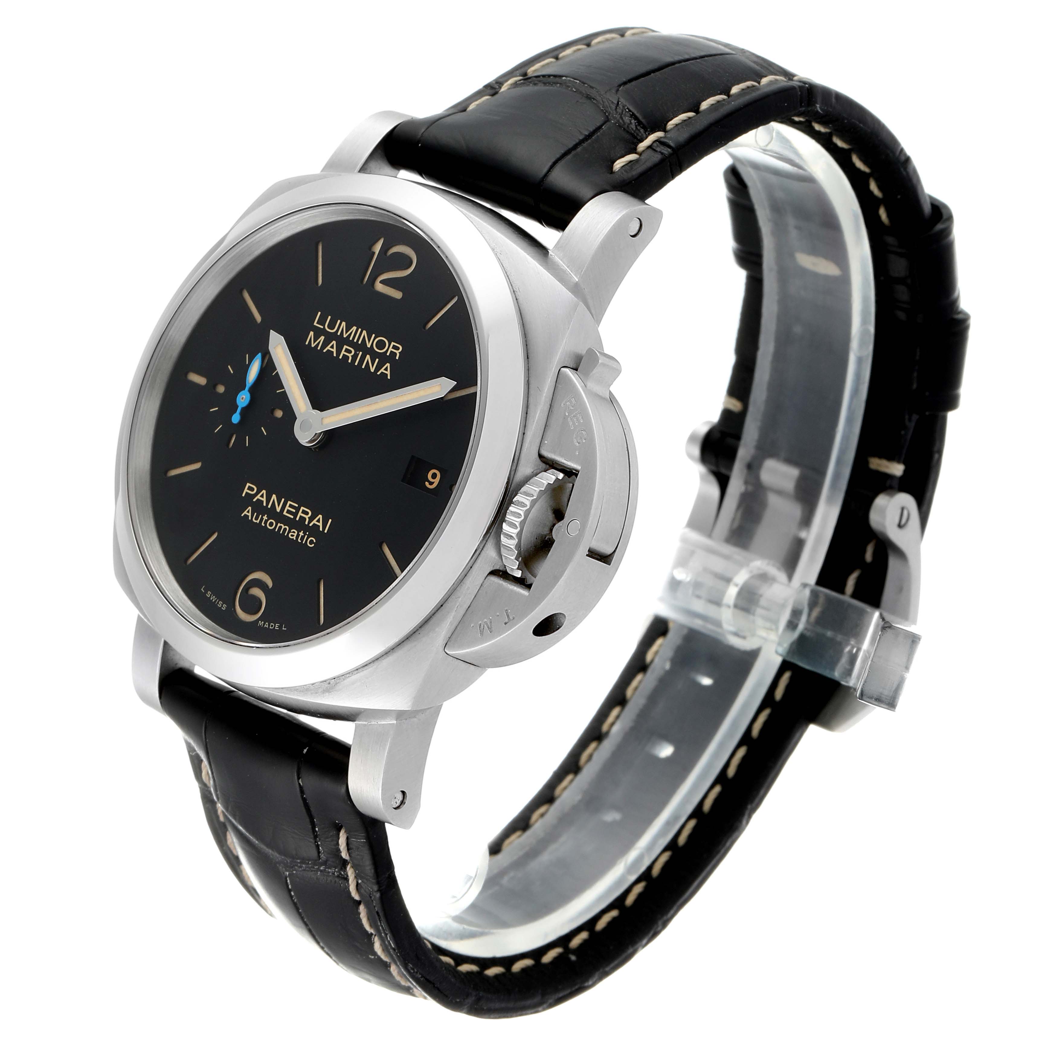 The image shows a Panerai Luminor PAM01392 Men
s Stainless Steel Black Dial PAM01392 Men
s Stainless Steel Black Dial watch at a three-quarter angle, highlighting the dial, bezel, case, and leather strap.
