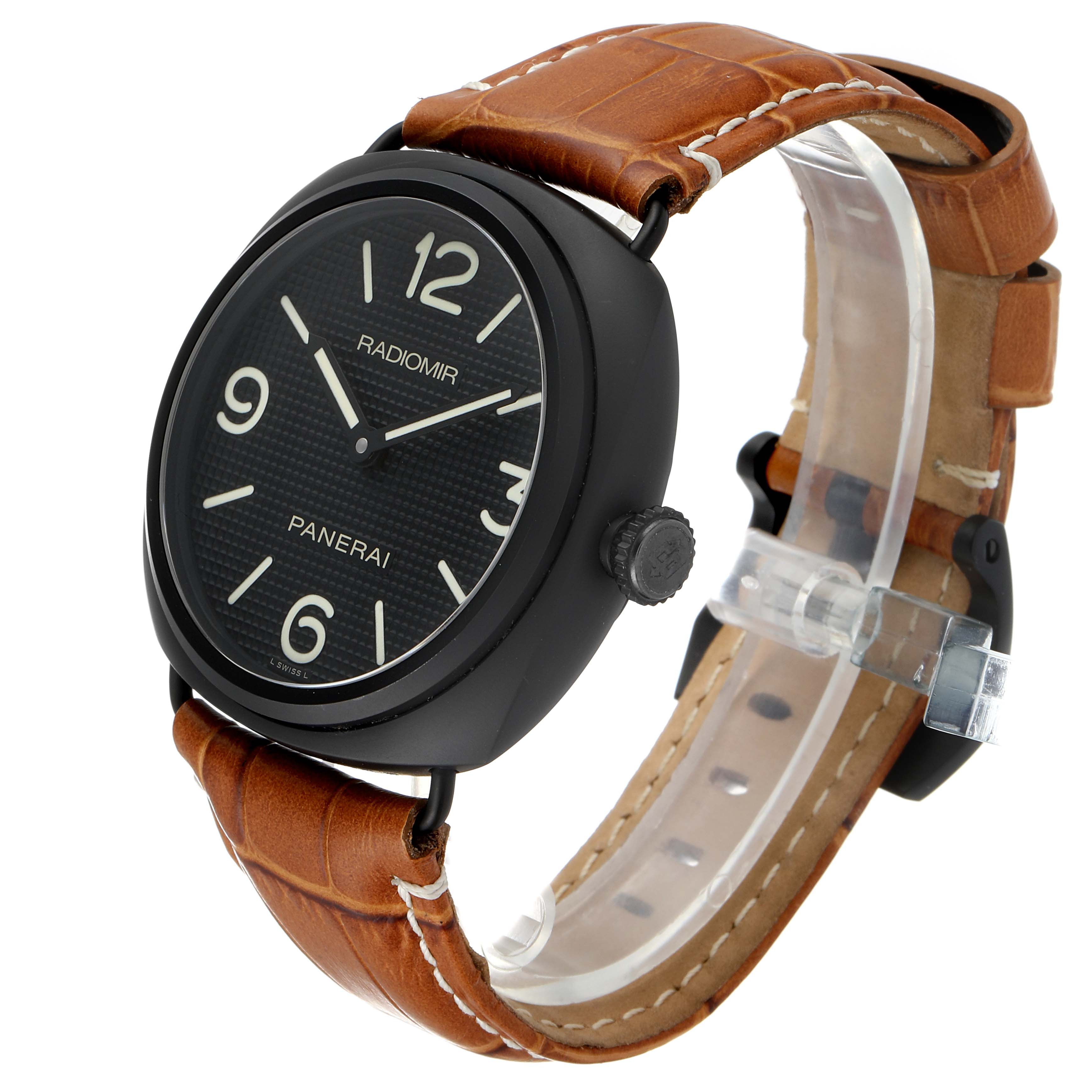 The Panerai Radiomir PAM00643 Men
s Ceramic Black Dial PAM00643 Men
s Ceramic Black Dial watch is shown at a side angle, displaying the face, crown, and brown leather strap.