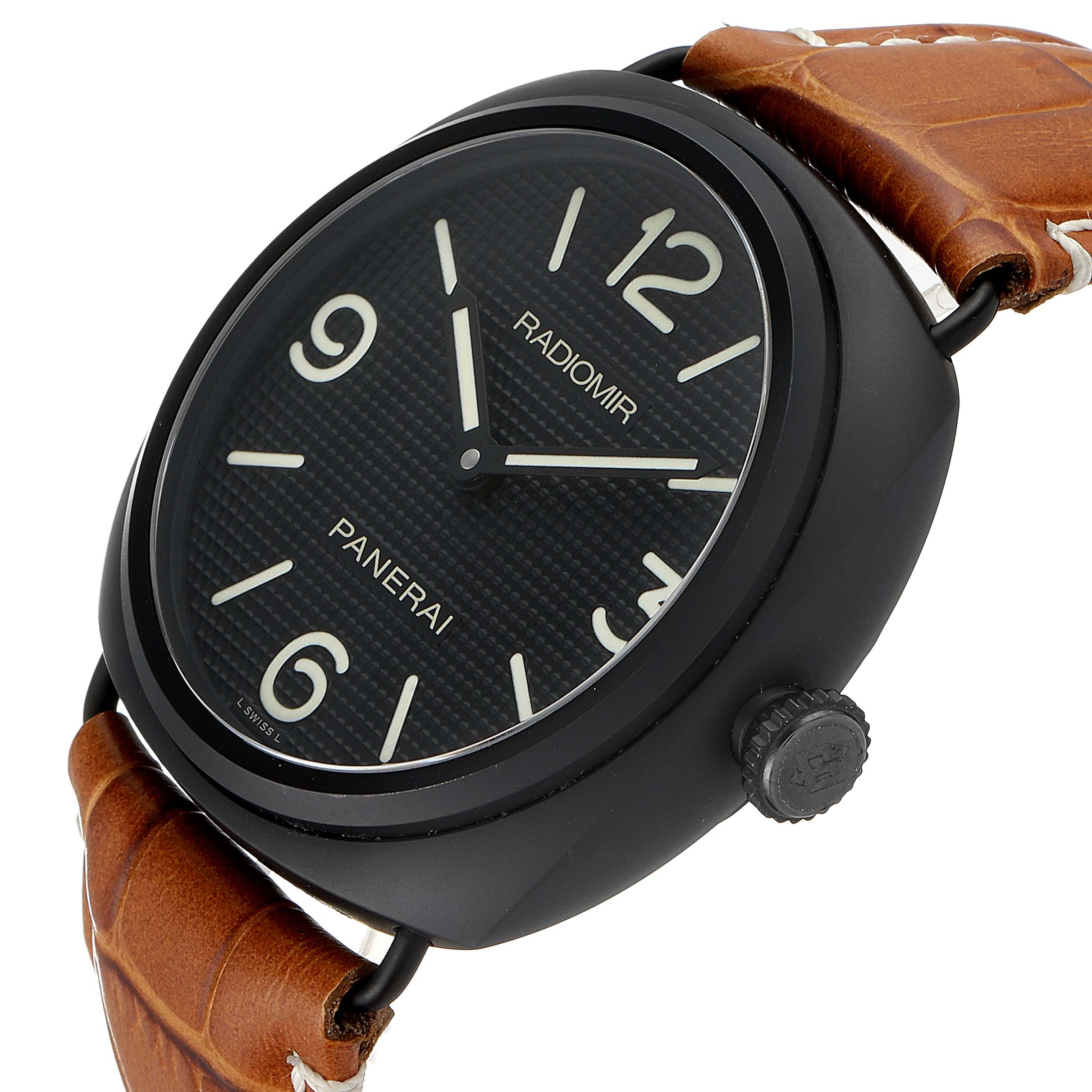 The Panerai Radiomir PAM00643 Men
s Ceramic Black Dial PAM00643 Men
s Ceramic Black Dial watch is shown at a slight side angle, displaying the watch face, crown, and part of the brown leather strap.