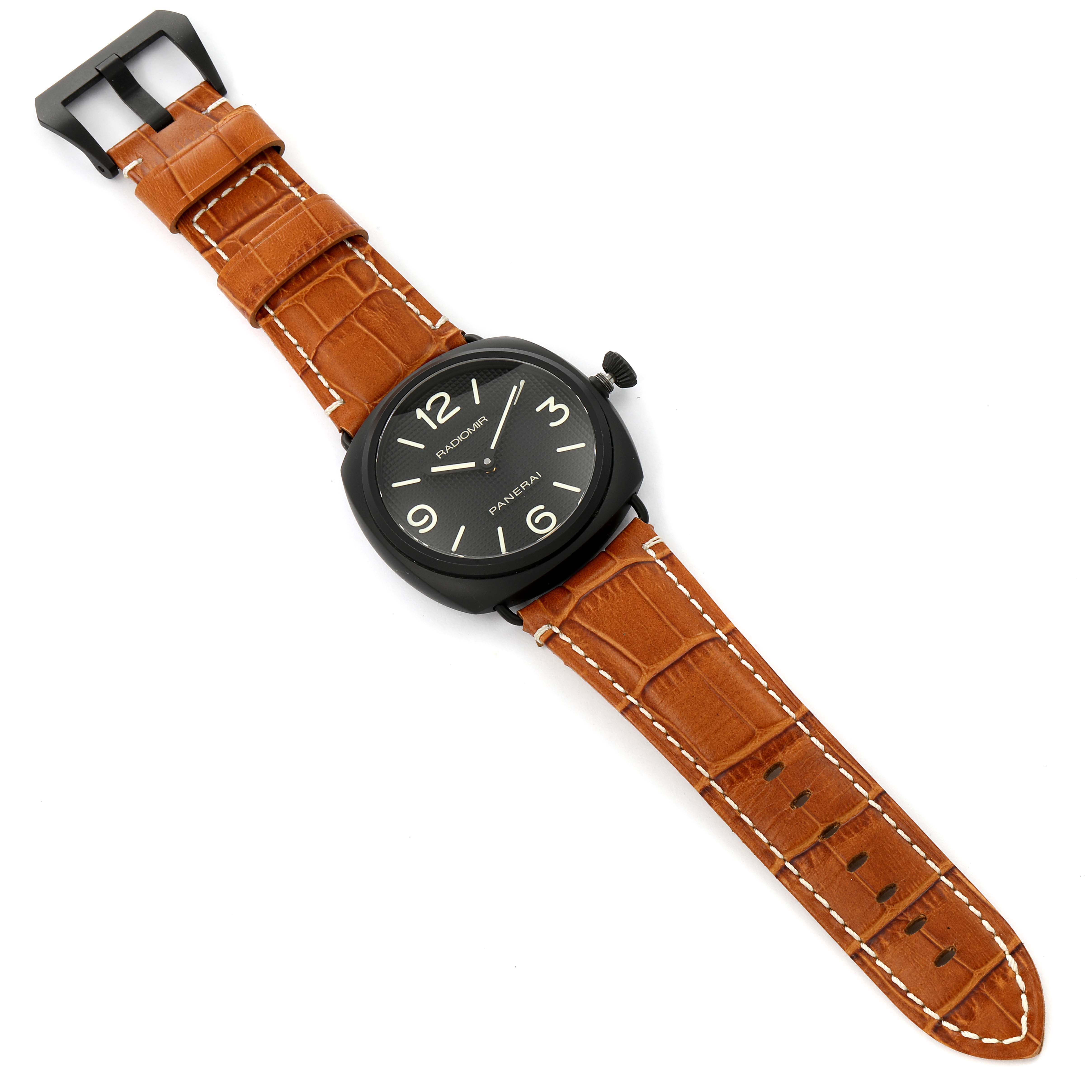 The Panerai Radiomir PAM00643 Men
s Ceramic Black Dial PAM00643 Men
s Ceramic Black Dial watch is shown flat, displaying the dial, case, crown, and brown leather strap with white stitching.