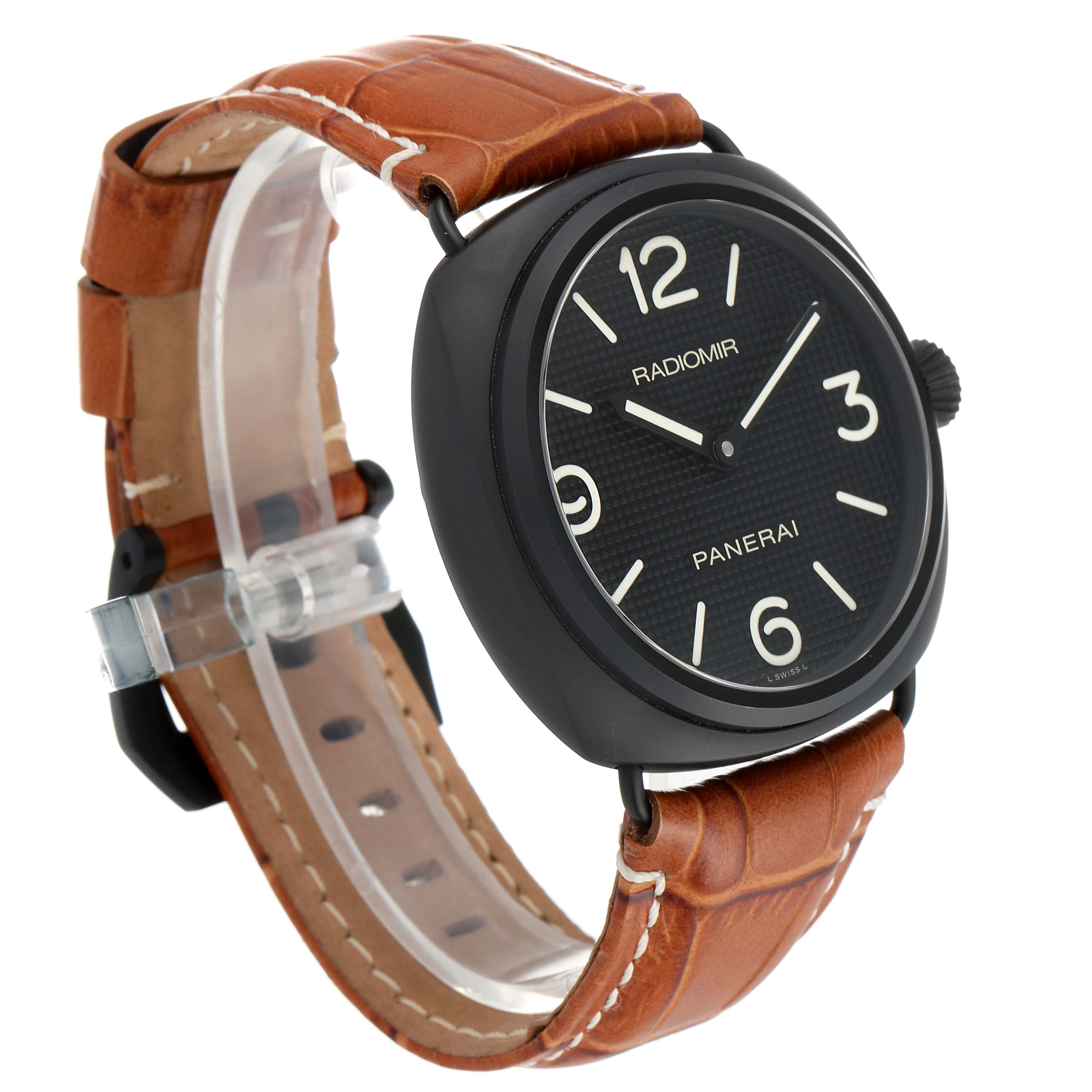 This image shows a Panerai Radiomir PAM00643 Men
s Ceramic Black Dial PAM00643 Men
s Ceramic Black Dial watch at a three-quarter angle, highlighting its black dial and brown leather strap.