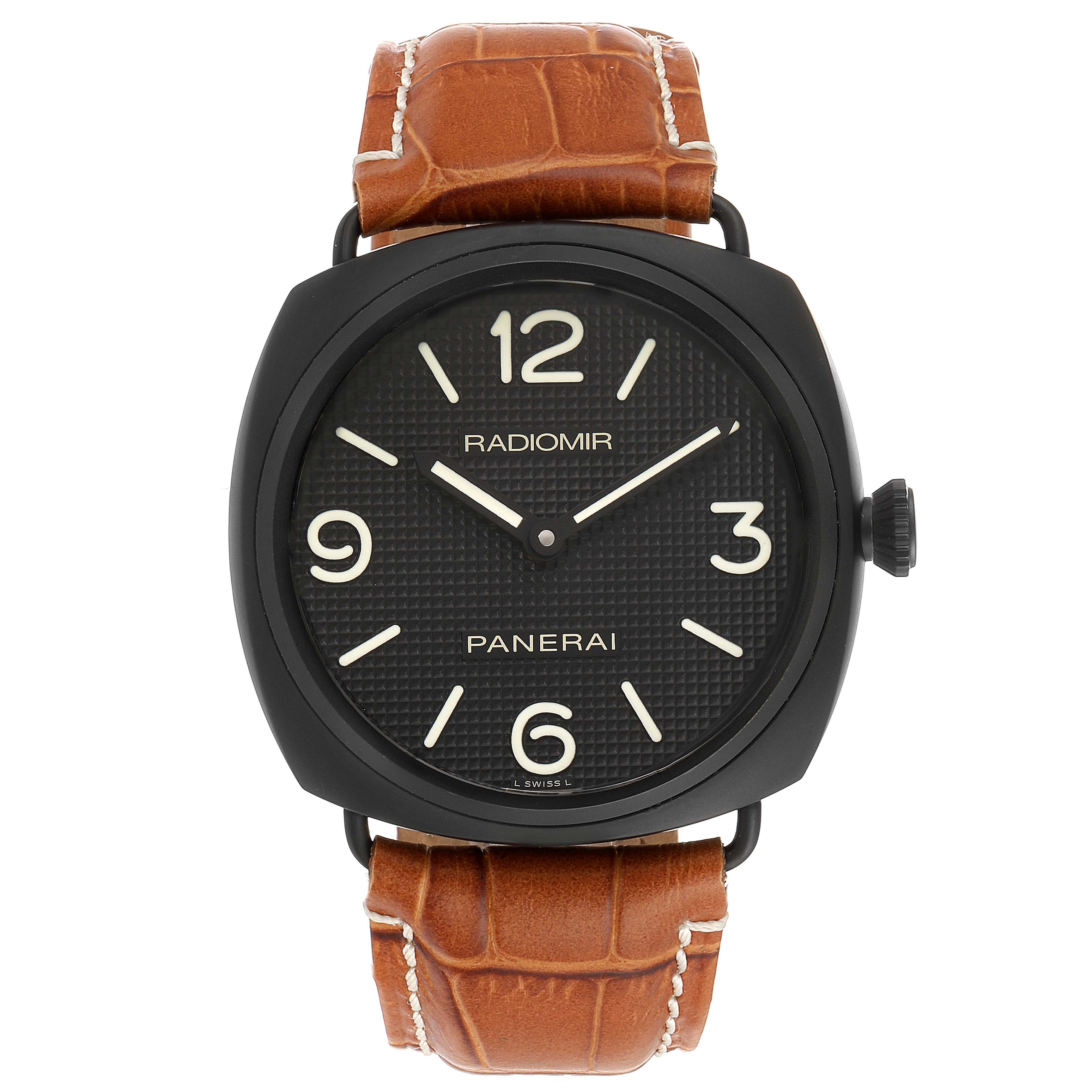 The image shows a front view of a Panerai Radiomir PAM00643 Men
s Ceramic Black Dial PAM00643 Men
s Ceramic Black Dial watch featuring a black dial and brown leather strap.