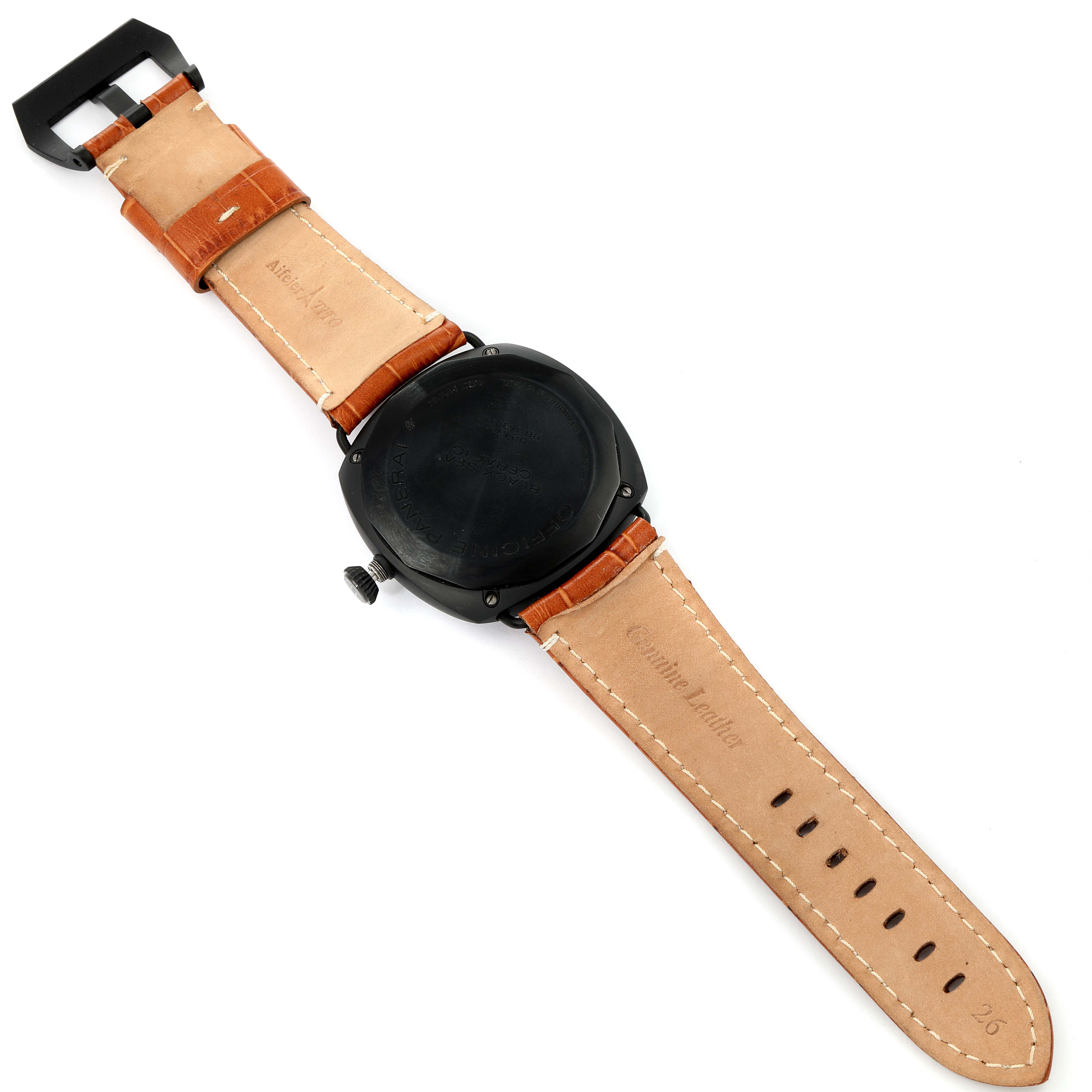 This image shows the back of a Panerai Radiomir PAM00643 Men
s Ceramic Black Dial PAM00643 Men
s Ceramic Black Dial watch with tan leather straps and a black case.