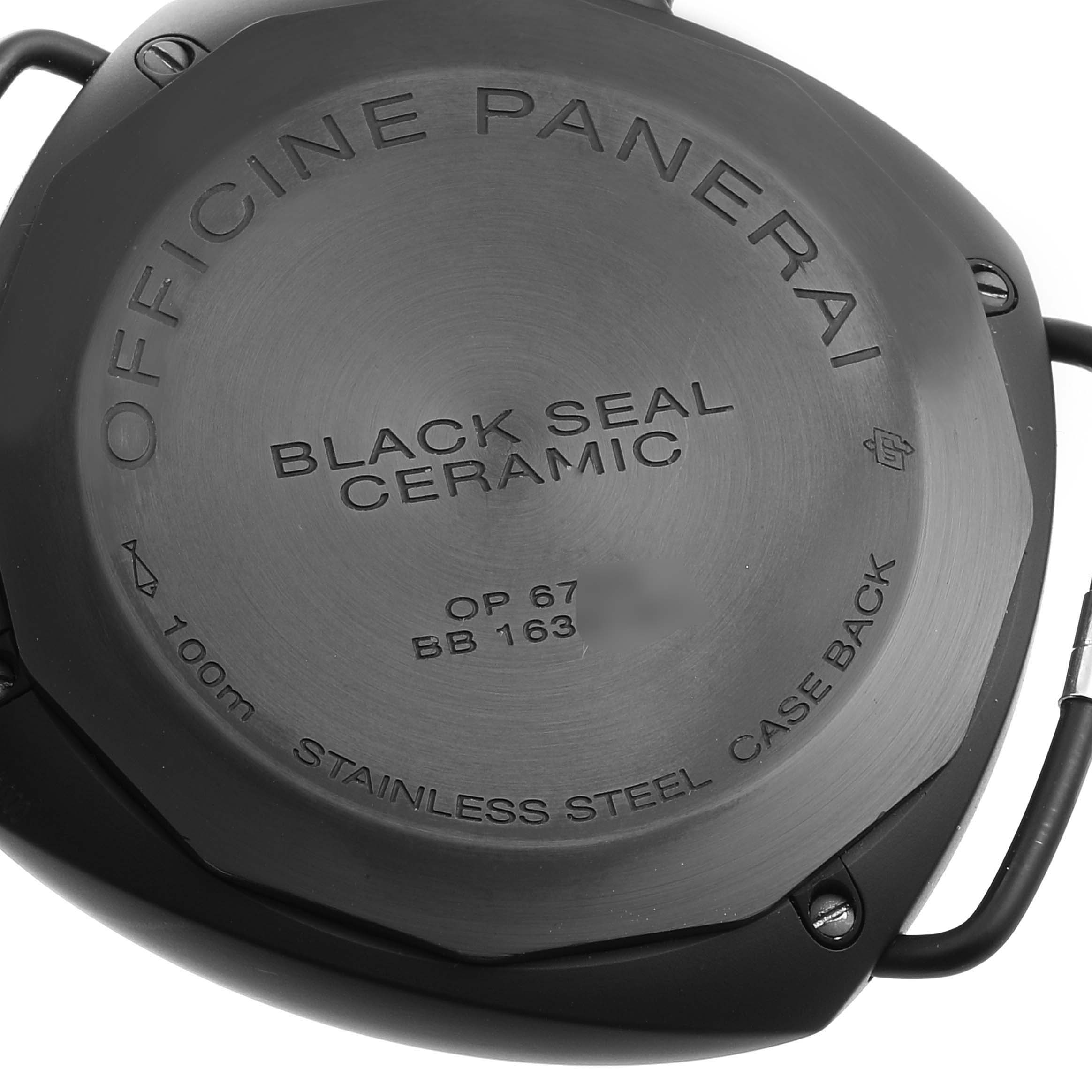 The image shows the case back of a Panerai Radiomir PAM00643 Men
s Ceramic Black Dial PAM00643 Men
s Ceramic Black Dial Black Seal Ceramic watch, emphasizing its materials and water resistance.