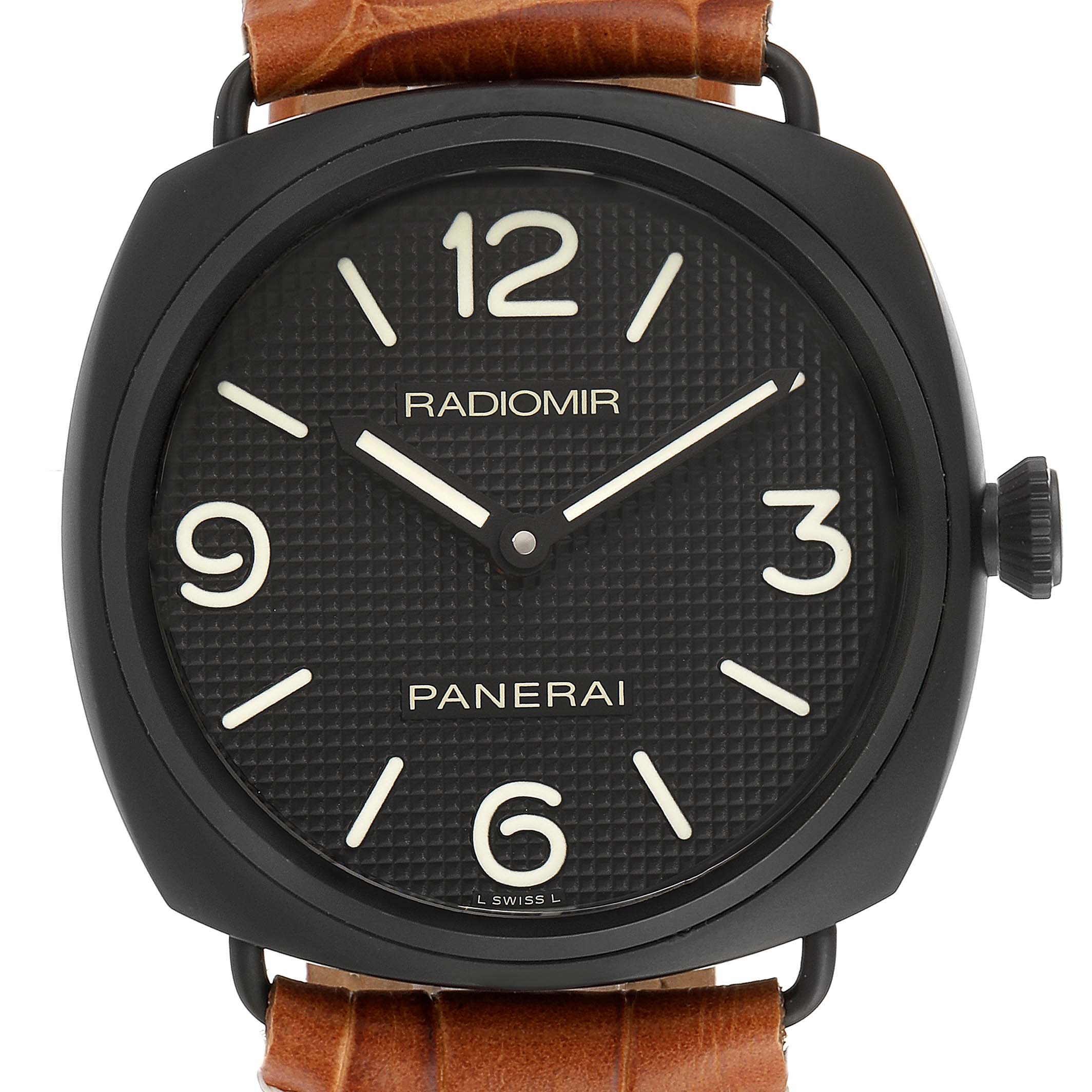 The image shows a frontal view of a Panerai Radiomir PAM00643 Men
s Ceramic Black Dial PAM00643 Men
s Ceramic Black Dial watch, highlighting the dial, case, and part of the brown leather strap.