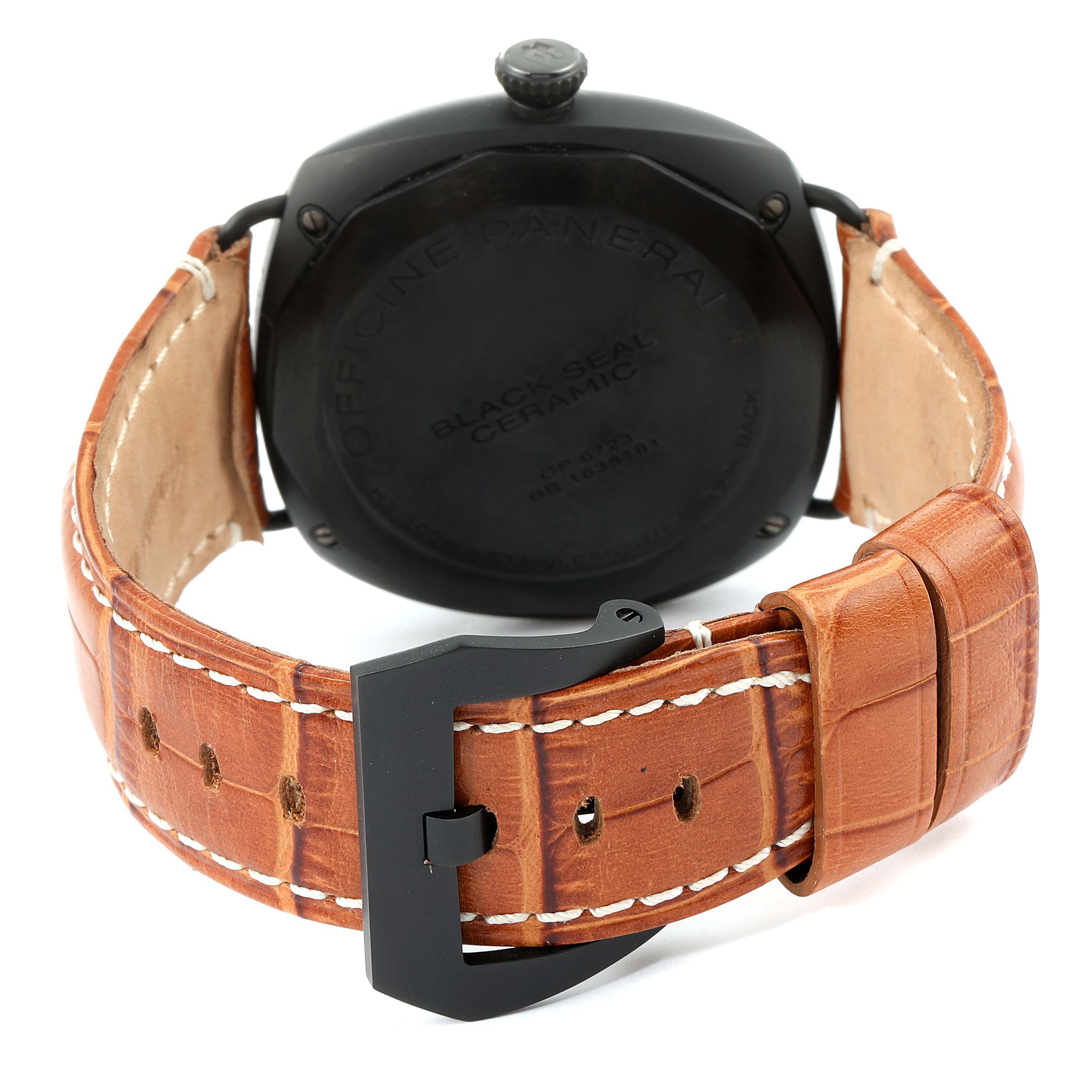 The image shows the back case and leather strap with a buckle of the Panerai Radiomir PAM00643 Men
s Ceramic Black Dial PAM00643 Men
s Ceramic Black Dial watch.