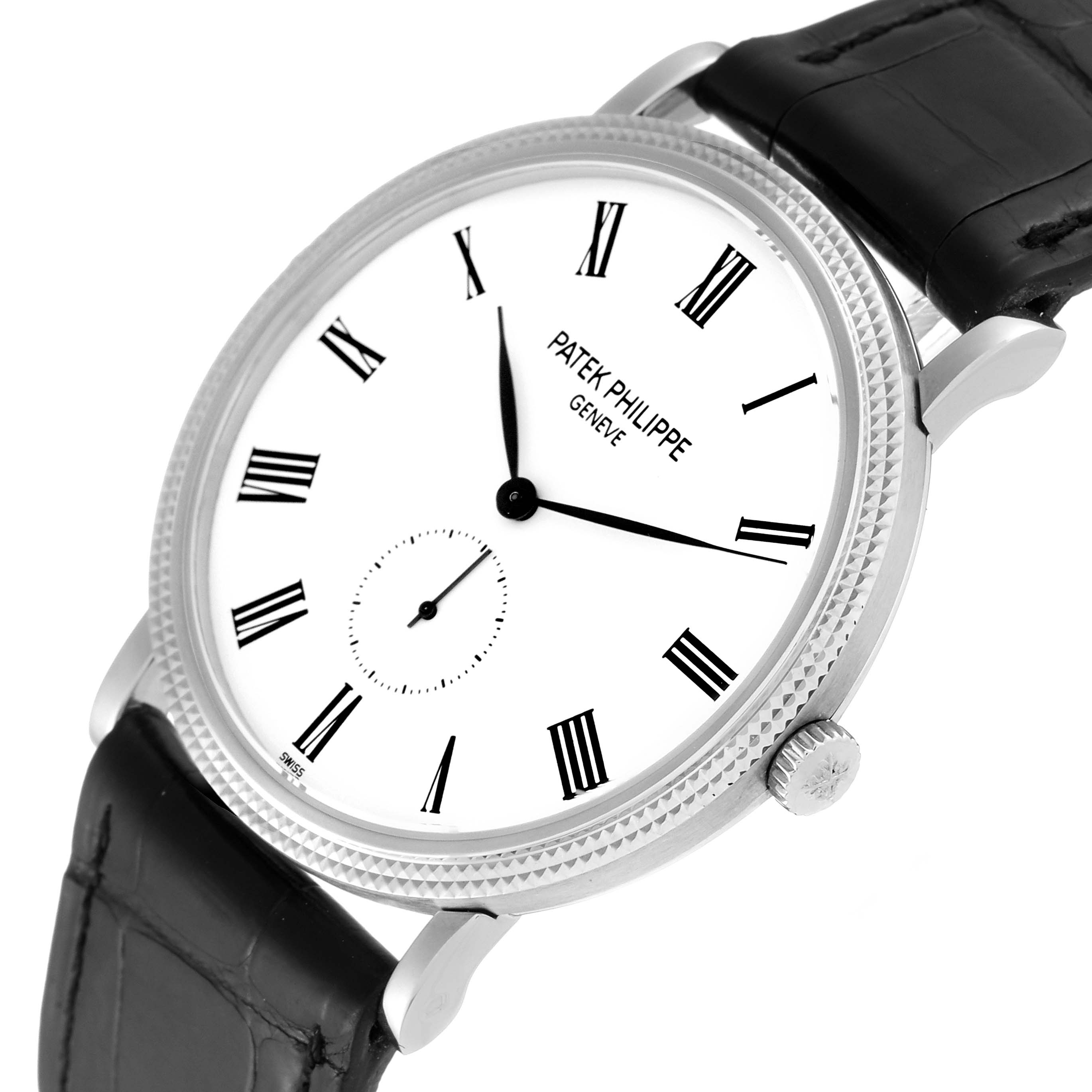 The image shows a Patek Philippe Calatrava 5119G-001 Men's White Gold White Dial 5119G-001 Men's White Gold White Dial watch angled slightly from the front, highlighting its face, bezel, crown, and strap.