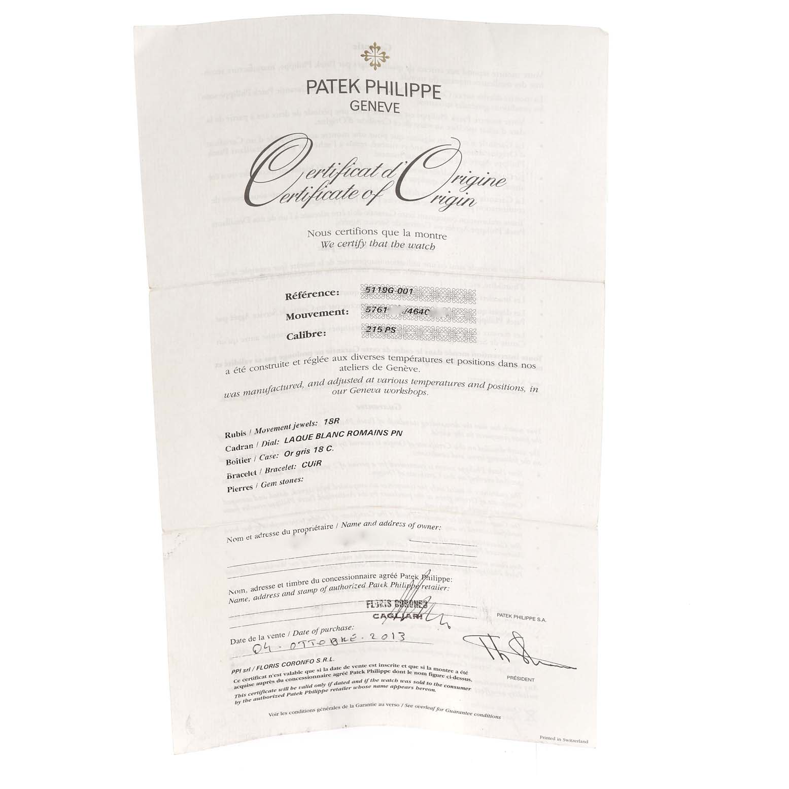 The image shows a Certificate of Origin for the Patek Philippe Calatrava 5119G-001 Men's White Gold White Dial 5119G-001 Men's White Gold White Dial model, providing details like reference, movement, and caliber.