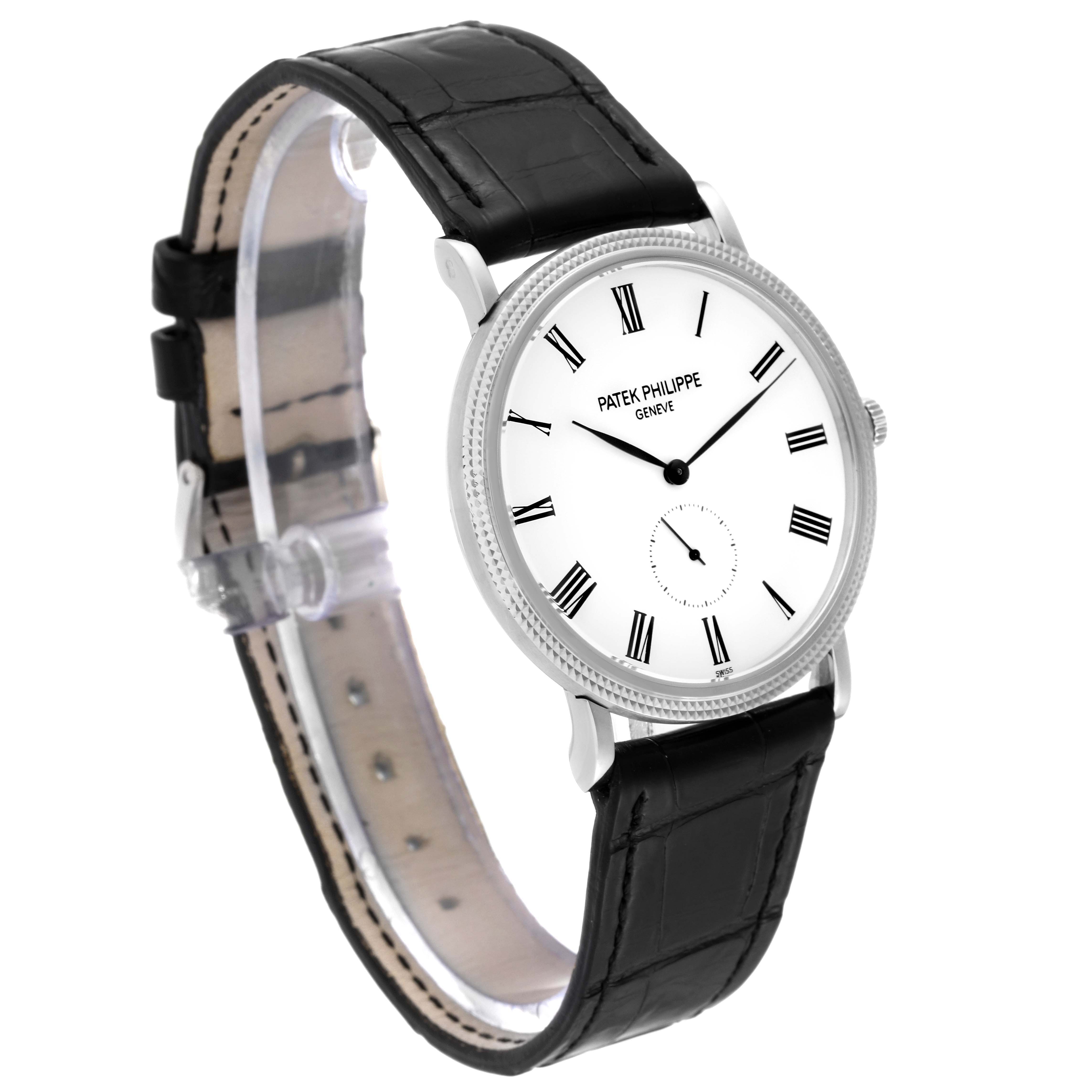 This Patek Philippe Calatrava 5119G-001 Men's White Gold White Dial 5119G-001 Men's White Gold White Dial watch is shown in a three-quarter angle, displaying its dial, bezel, and leather strap.