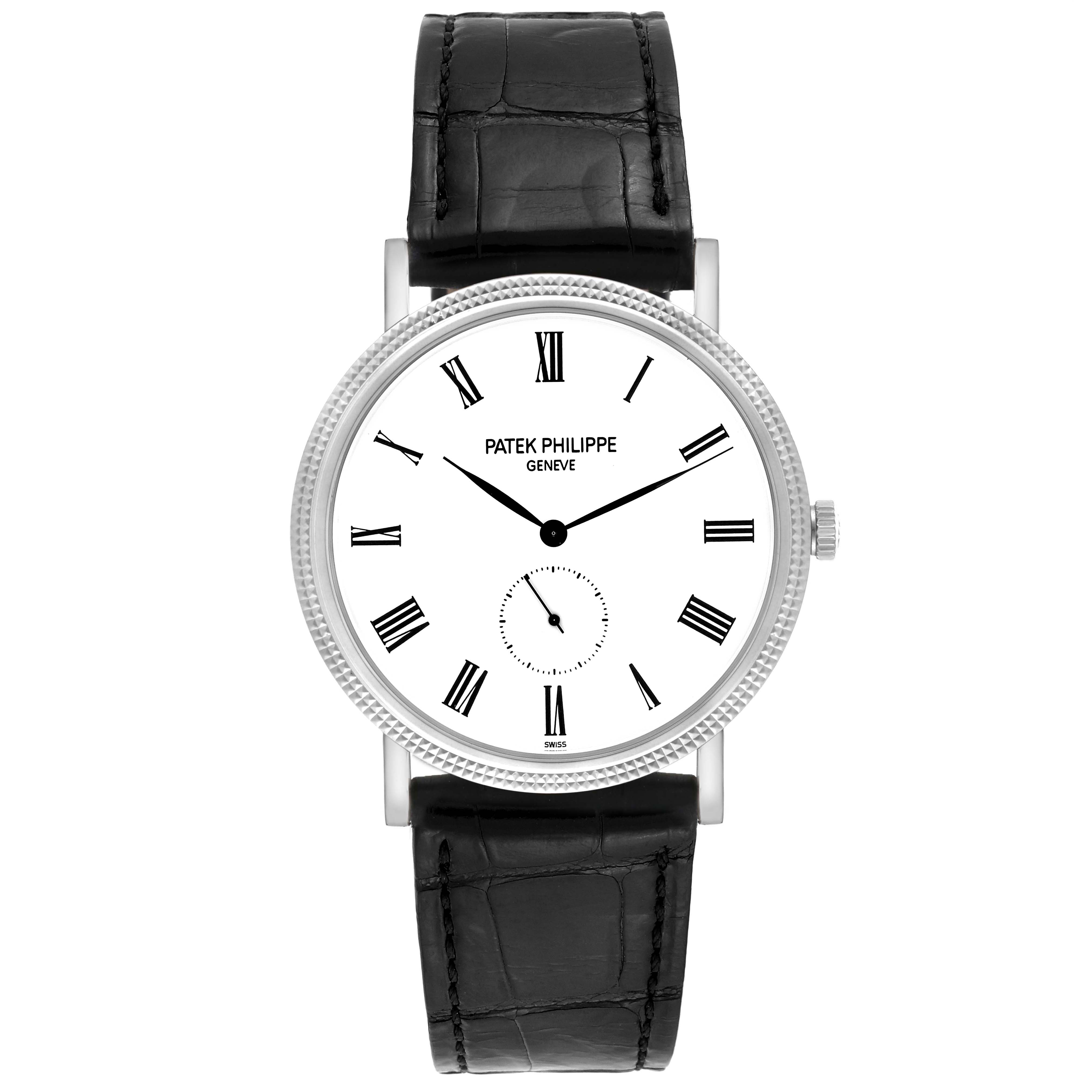 The Patek Philippe Calatrava 5119G-001 Men's White Gold White Dial 5119G-001 Men's White Gold White Dial watch is shown from a front angle, displaying its face, black leather strap, and crown.