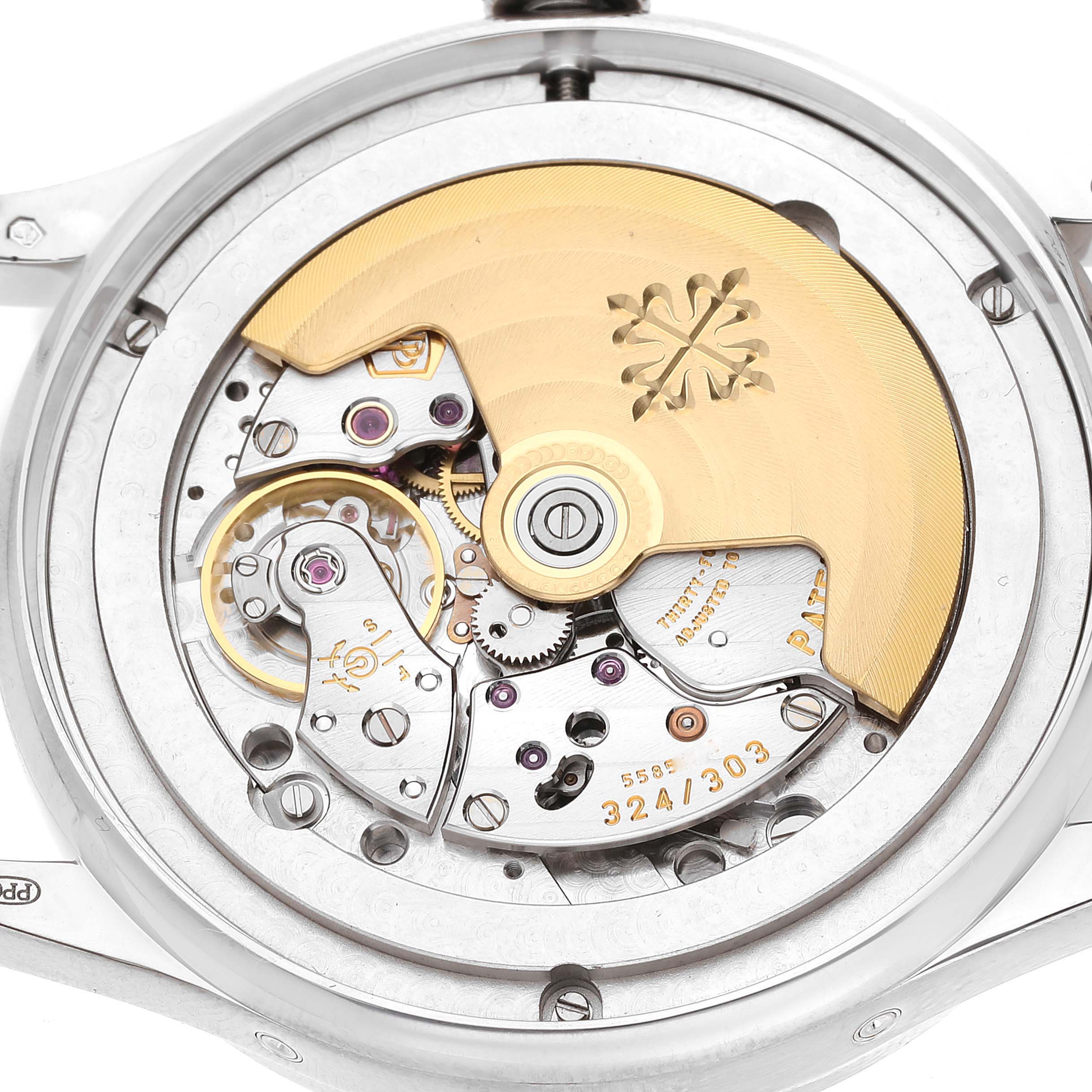 This image shows the intricate movement mechanism of a Patek Philippe Complications 5396G - 011 Men
s White Gold Silver Dial 5396G - 011 Men
s White Gold Silver Dial model viewed from the back.