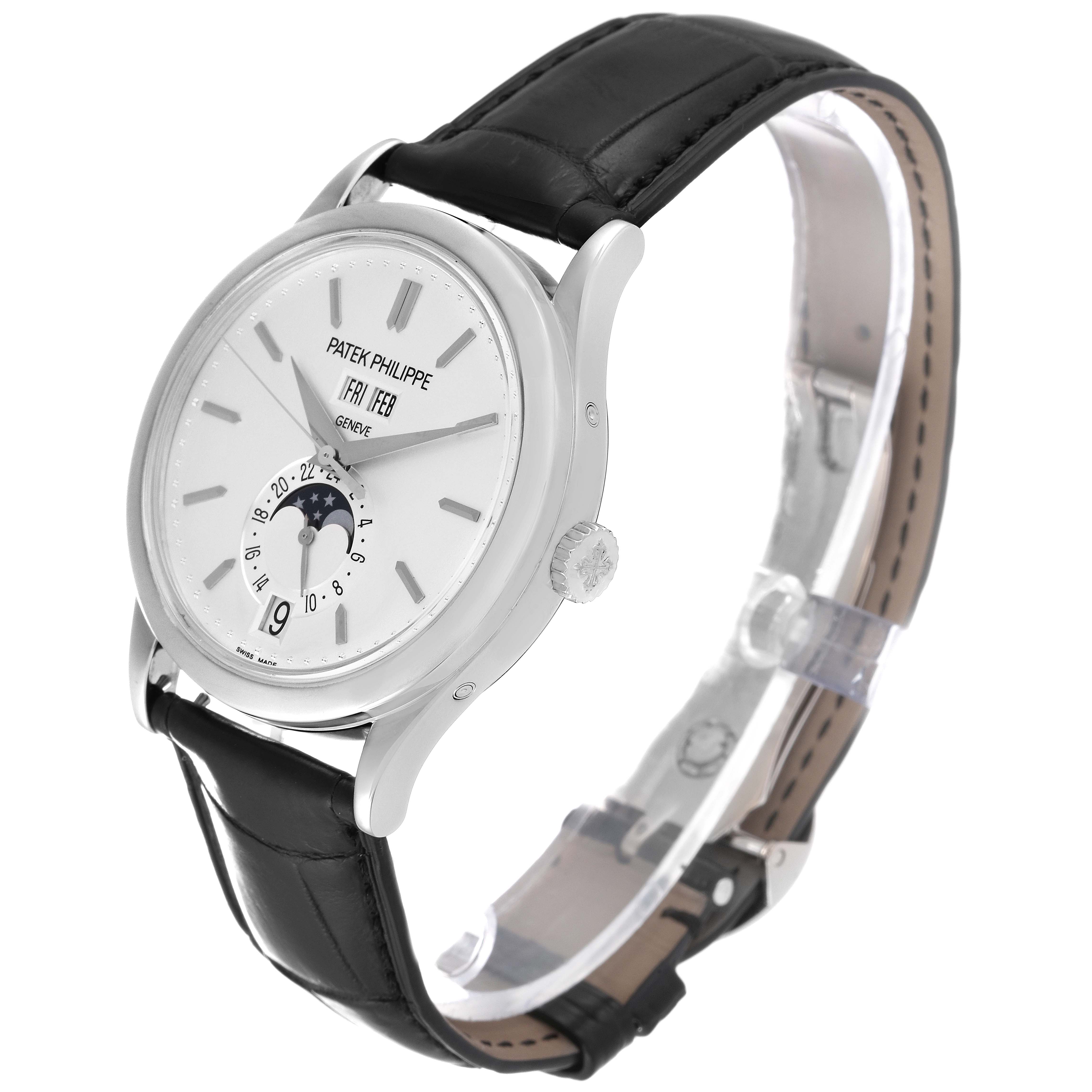 The Patek Philippe Complications 5396G - 011 Men
s White Gold Silver Dial 5396G - 011 Men
s White Gold Silver Dial model is shown at an angled side view with its face, crown, and leather strap visible.