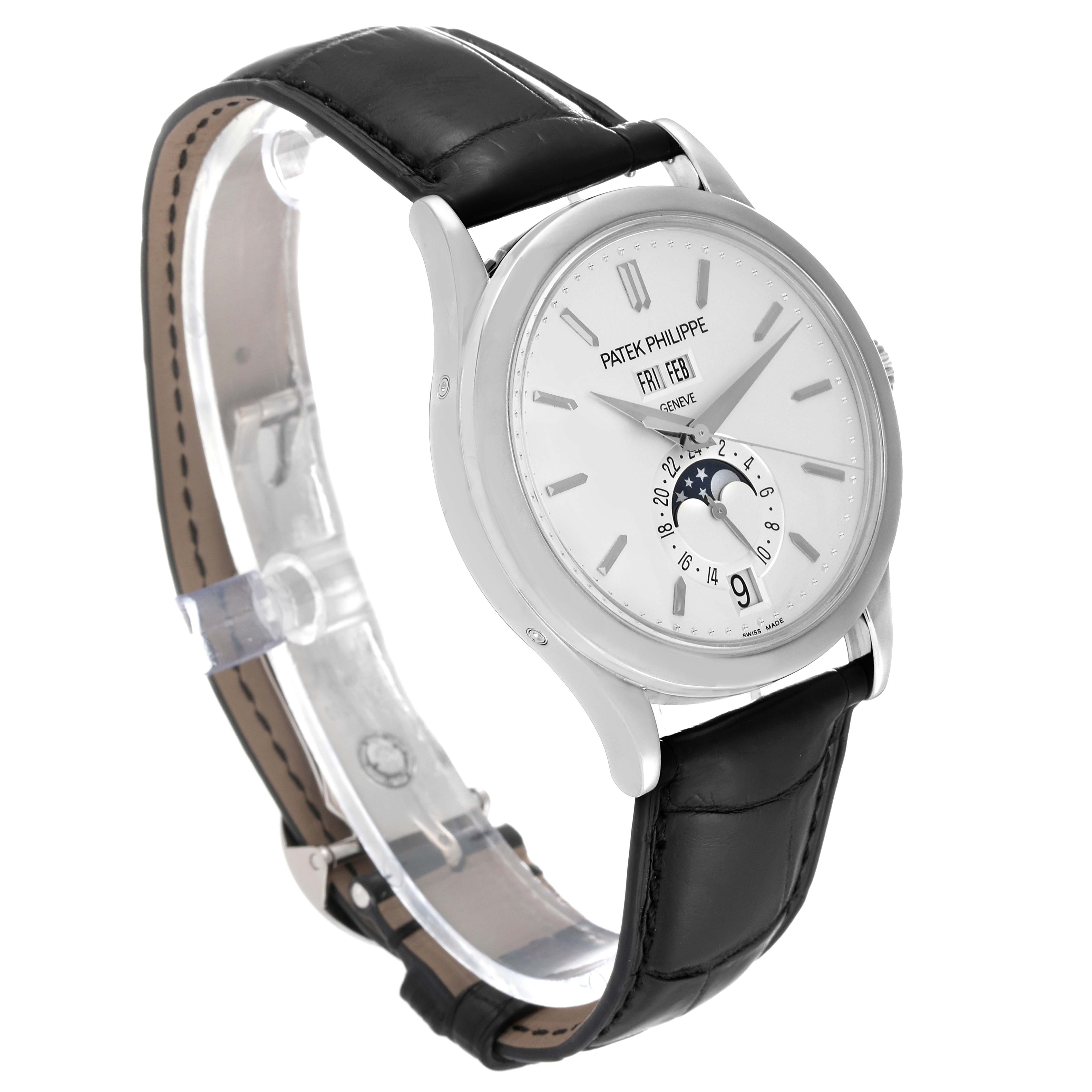 The image shows a side-front view of the Patek Philippe Complications 5396G - 011 Men
s White Gold Silver Dial 5396G - 011 Men
s White Gold Silver Dial model, highlighting its dial, case, and leather strap.