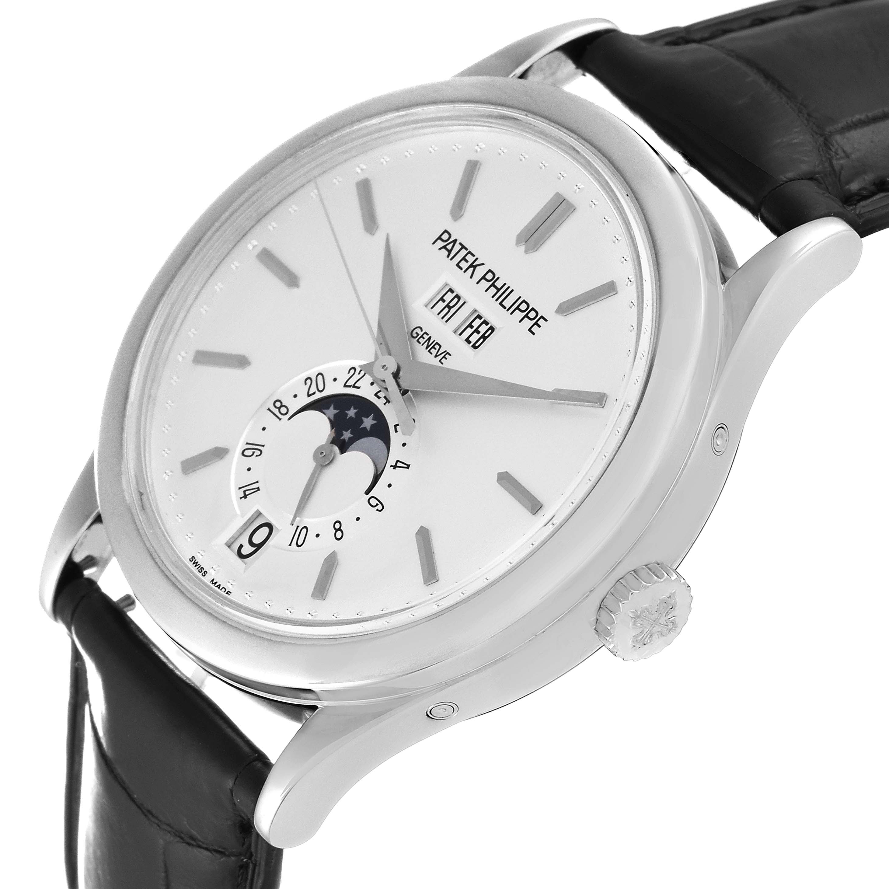 The image shows a side angle of a Patek Philippe Complications 5396G - 011 Men
s White Gold Silver Dial 5396G - 011 Men
s White Gold Silver Dial watch, highlighting the dial, crown, and black leather strap.