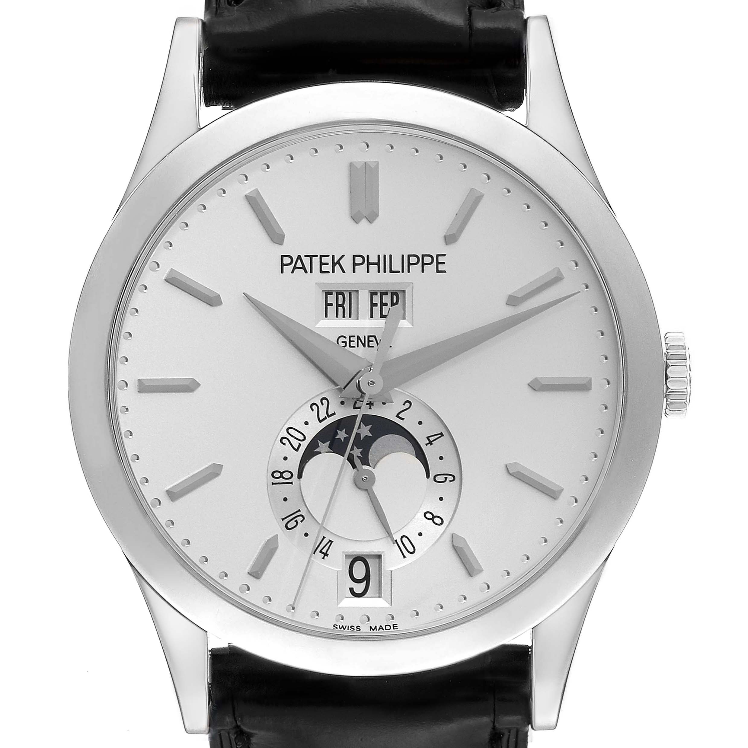 The image shows a front view of the Patek Philippe Complications 5396G - 011 Men
s White Gold Silver Dial 5396G - 011 Men
s White Gold Silver Dial watch, highlighting the dial, hands, moon phase display, and date indicators.