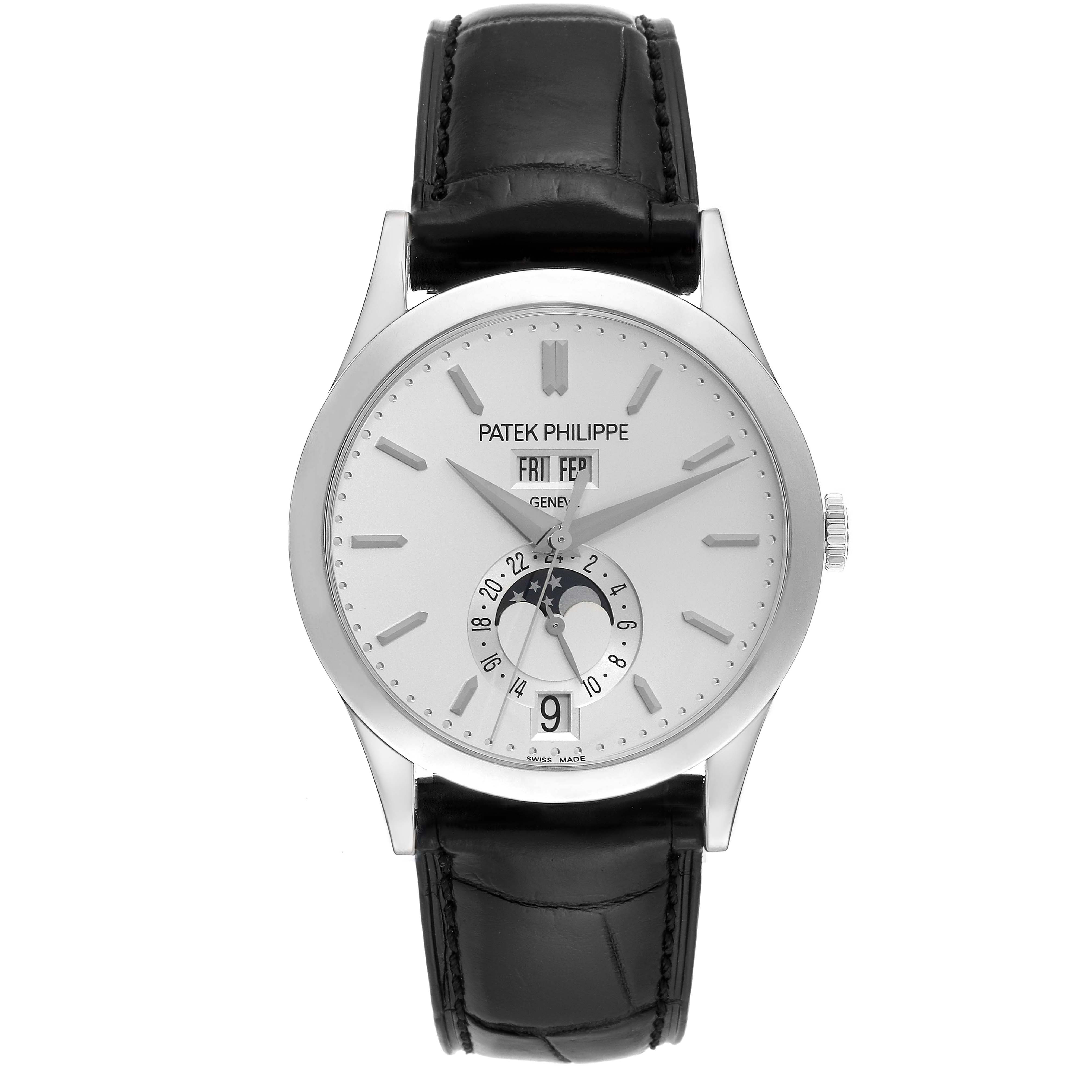 The image shows a front view of the Patek Philippe Complications 5396G - 011 Men
s White Gold Silver Dial 5396G - 011 Men
s White Gold Silver Dial watch, highlighting its dial, moon phase, and leather strap.