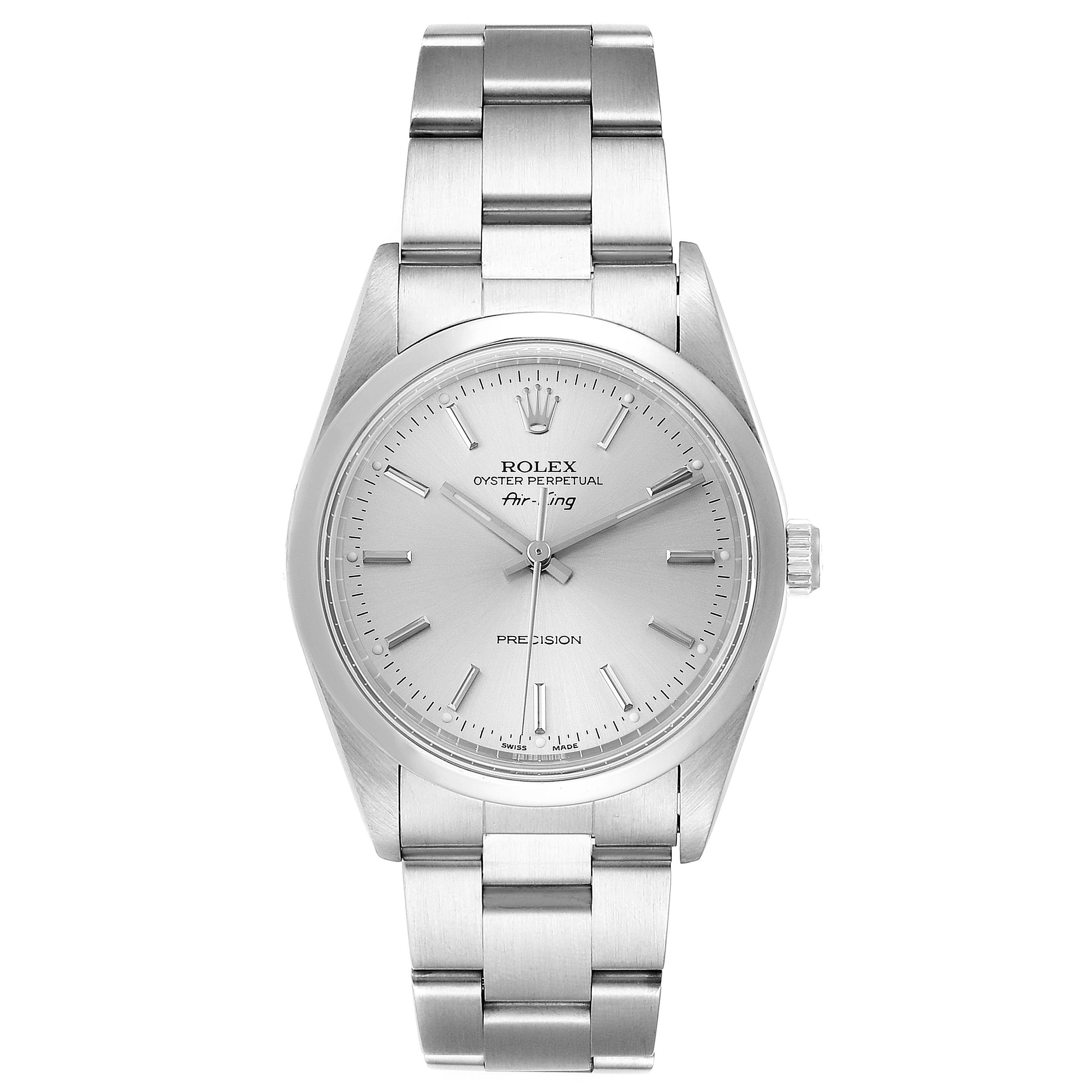 The Rolex Air-King 14000 Men's Stainless Steel Silver Dial 14000 Men's Stainless Steel Silver Dial watch is shown from a front angle, displaying the dial, case, and full bracelet.