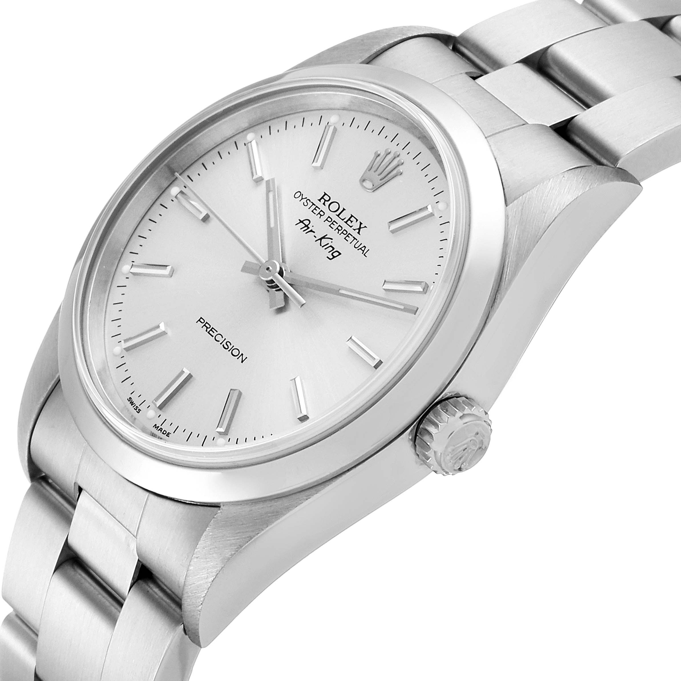 The image shows a side-angle view of the Rolex Air-King 14000 Men's Stainless Steel Silver Dial 14000 Men's Stainless Steel Silver Dial watch, featuring the dial, crown, and part of the bracelet.