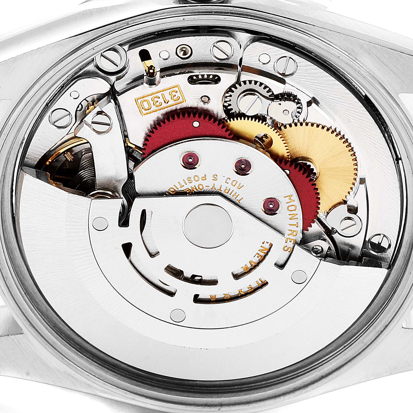 This image shows the internal movement mechanism of the Rolex Air-King 14000 Men's Stainless Steel Silver Dial 14000 Men's Stainless Steel Silver Dial watch, highlighting its gears and components.