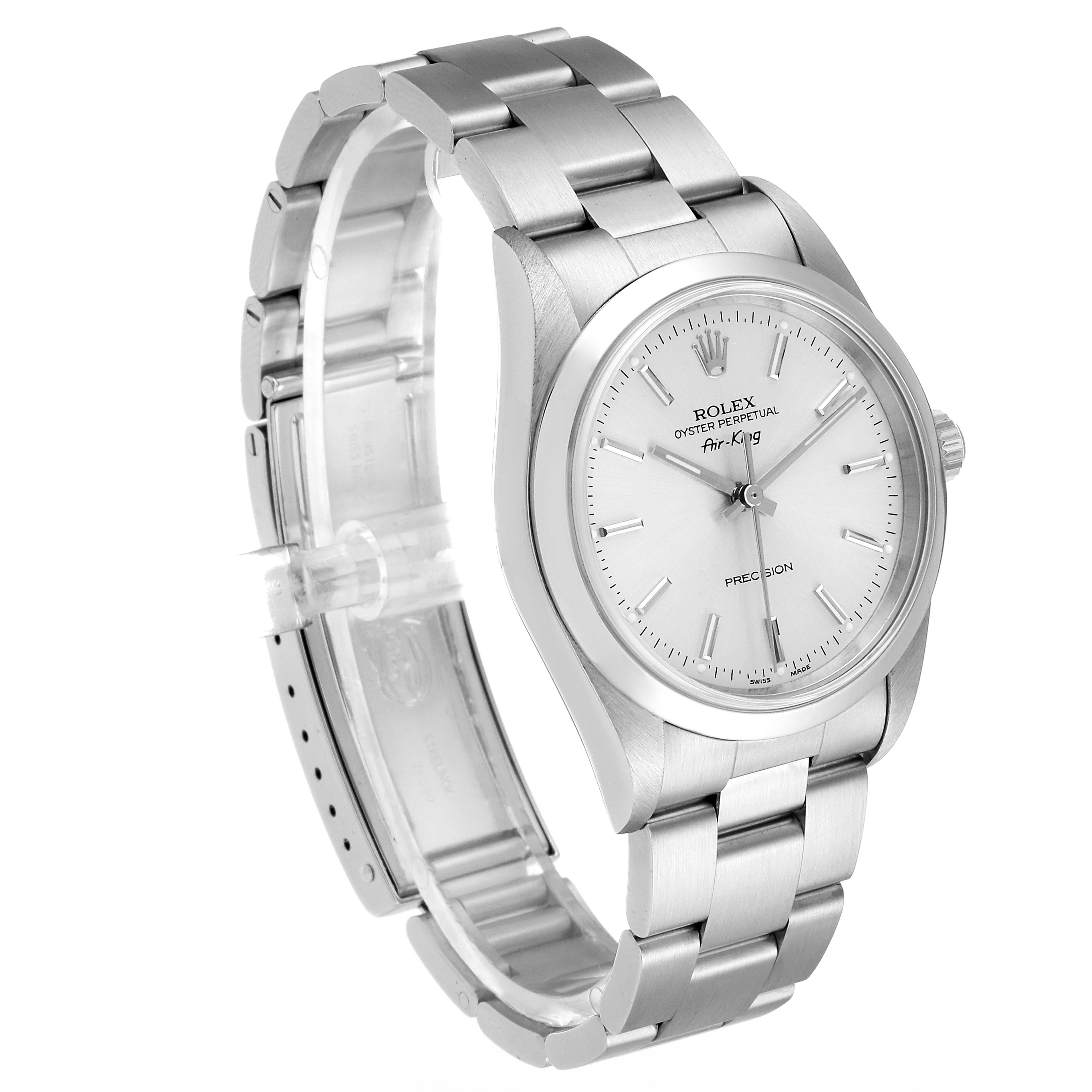 The Rolex Air-King 14000 Men's Stainless Steel Silver Dial 14000 Men's Stainless Steel Silver Dial watch is shown at a three-quarter angle displaying the face, bezel, and a partially opened bracelet. 