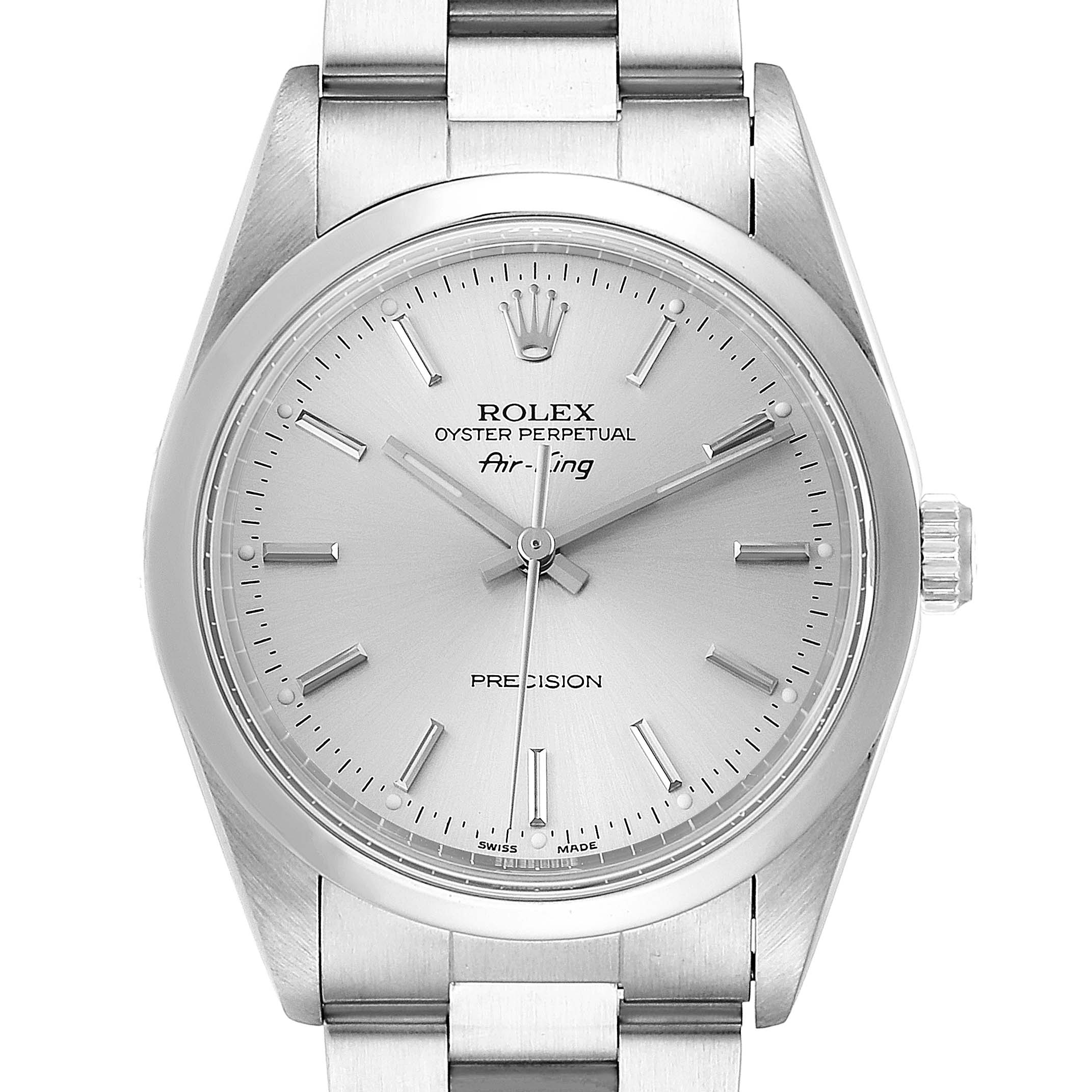 The image shows a front view of a Rolex Air-King 14000 Men's Stainless Steel Silver Dial 14000 Men's Stainless Steel Silver Dial watch, highlighting the dial, hands, crown, and bracelet.