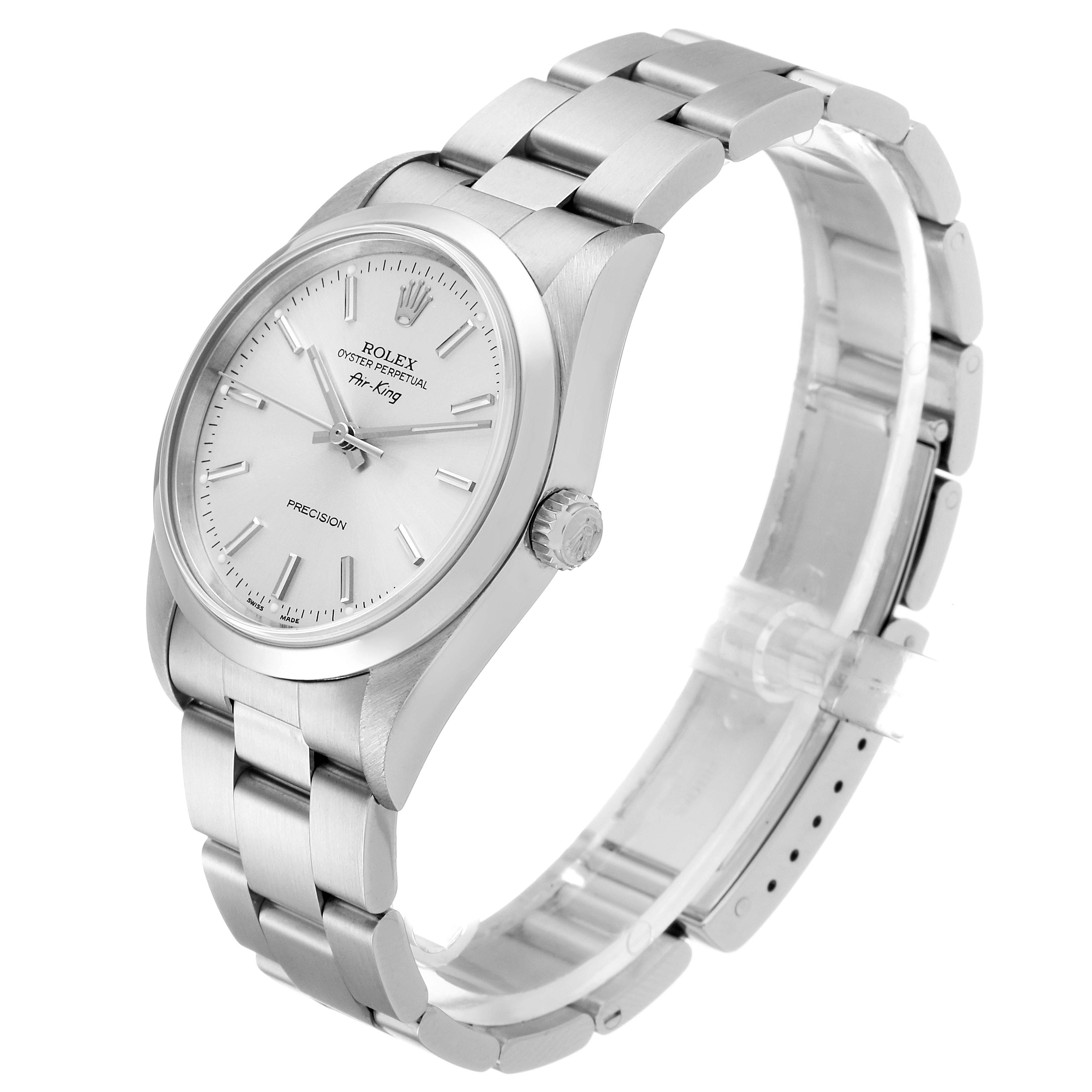 The image shows a Rolex Air-King 14000 Men's Stainless Steel Silver Dial 14000 Men's Stainless Steel Silver Dial watch angled to display the dial, crown, and bracelet.