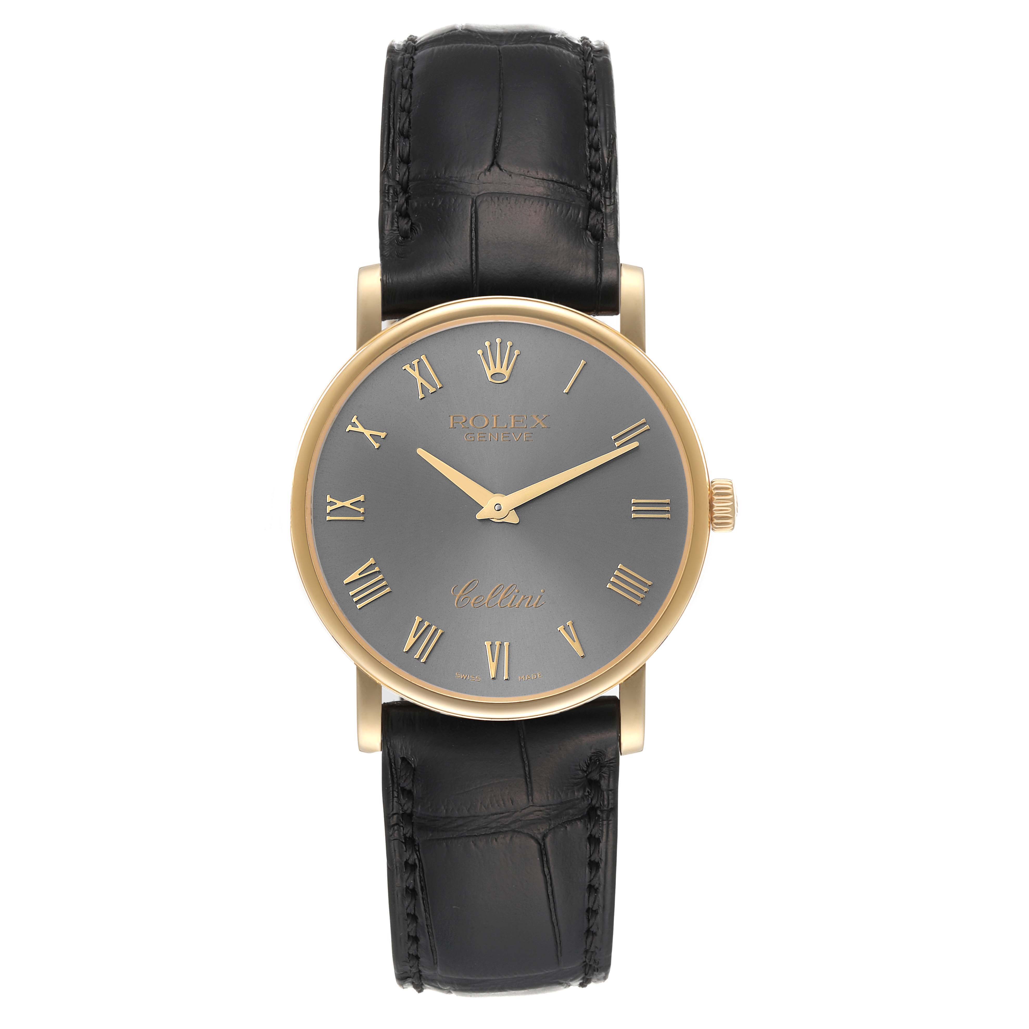 The image shows a front view of a Rolex Cellini 5115 Men's Yellow Gold Grey Dial 5115 Men's Yellow Gold Grey Dial watch, displaying the dial, hands, and leather strap.