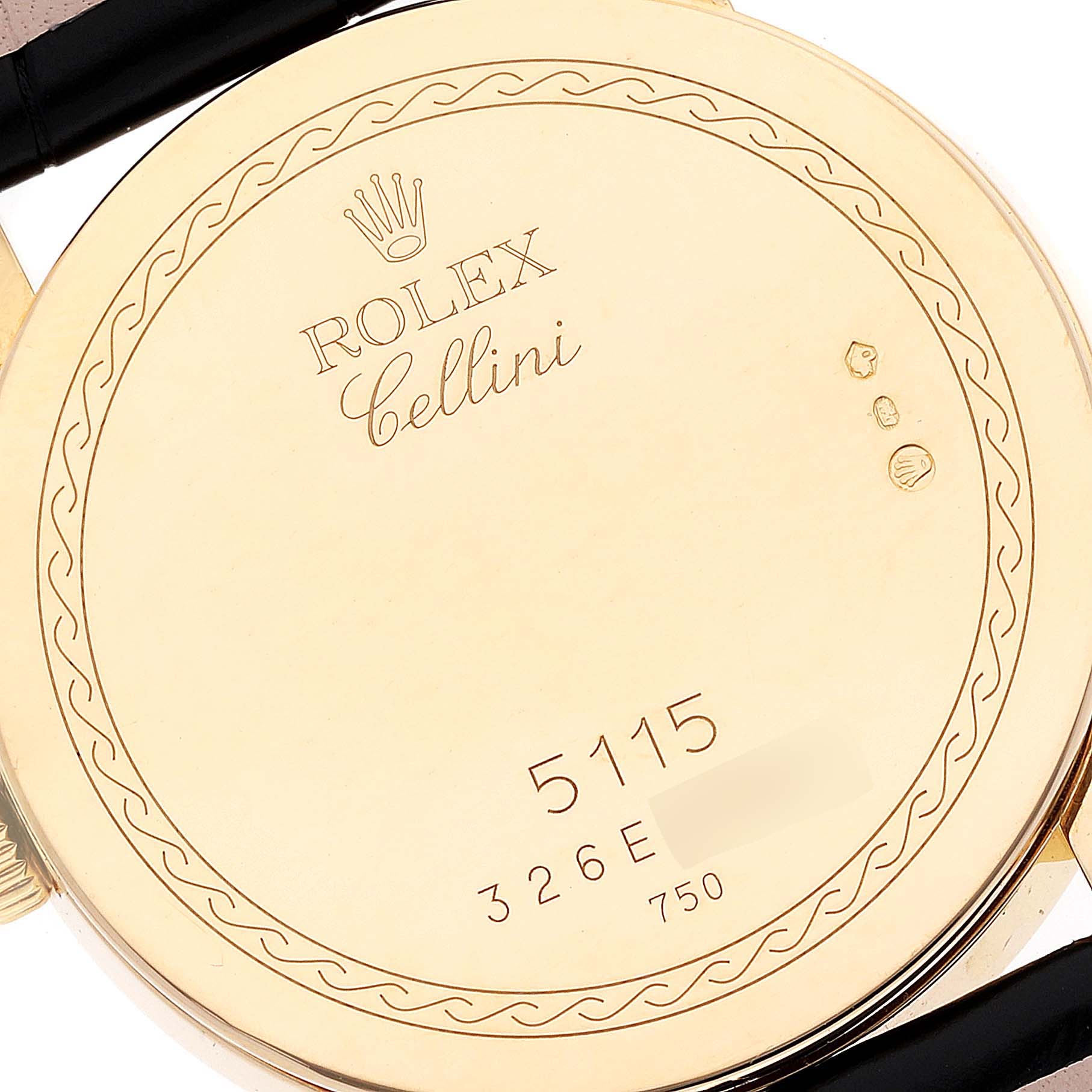 This image shows the case back of a Rolex Cellini 5115 Men's Yellow Gold Grey Dial 5115 Men's Yellow Gold Grey Dial watch, highlighting the model number and branding.
