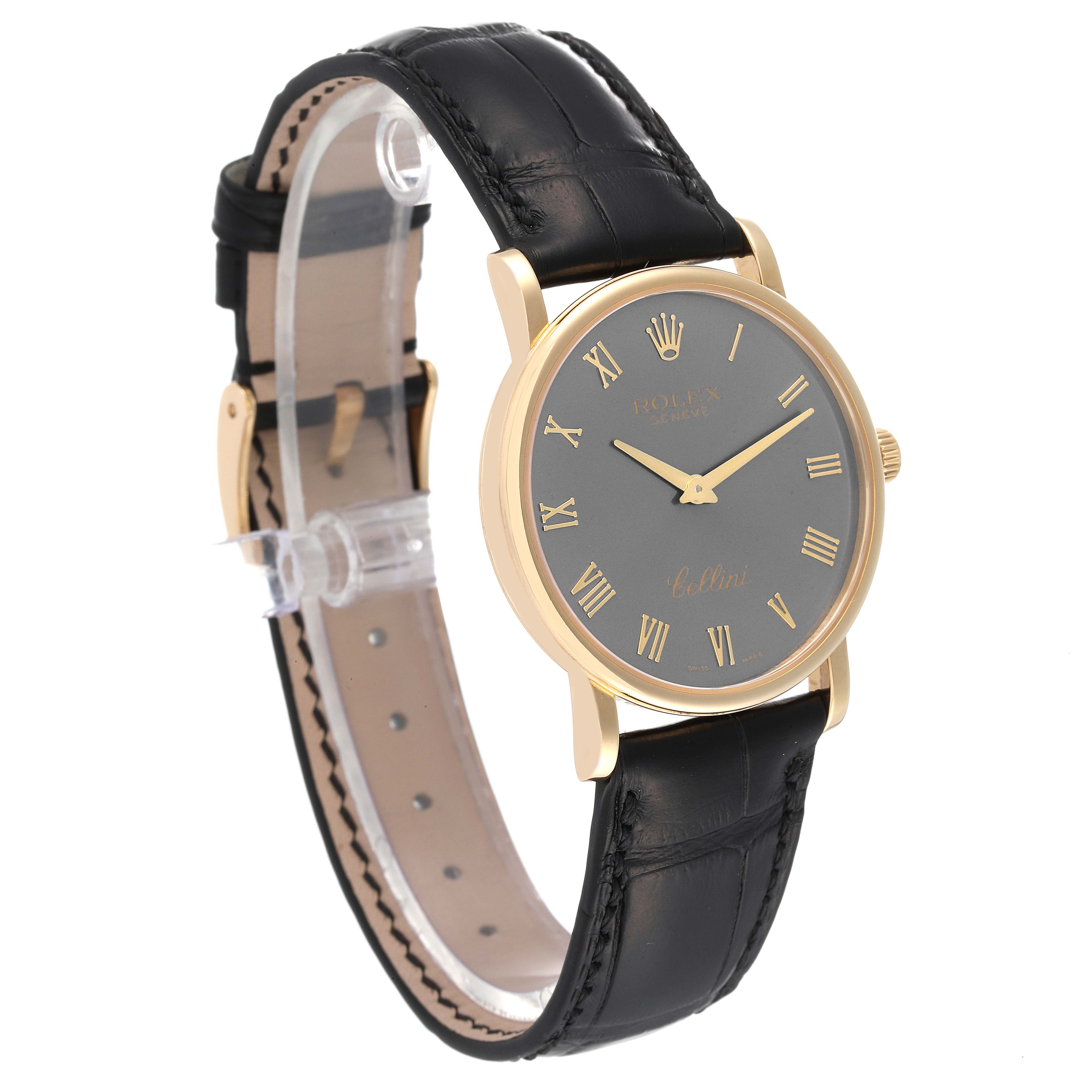 The image shows a side view of a Rolex Cellini 5115 Men's Yellow Gold Grey Dial 5115 Men's Yellow Gold Grey Dial watch, highlighting its black leather strap and gold casing.