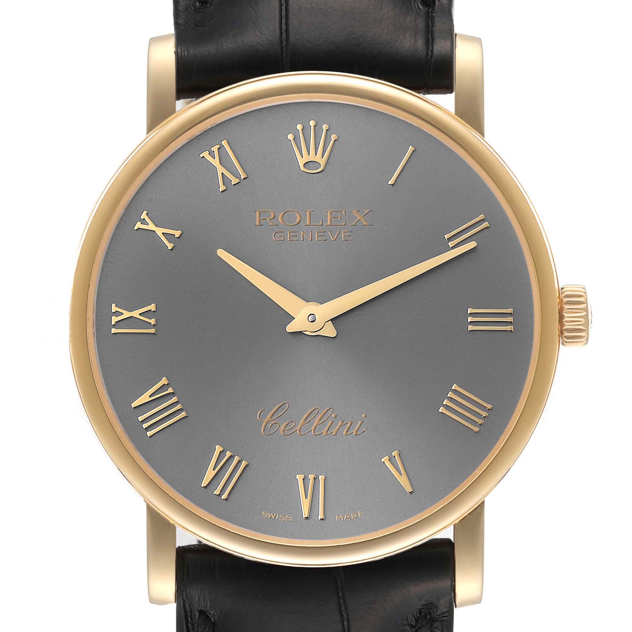 The image shows a front view of the Rolex Cellini 5115 Men's Yellow Gold Grey Dial 5115 Men's Yellow Gold Grey Dial watch, displaying its dial, hands, and portion of its leather strap.