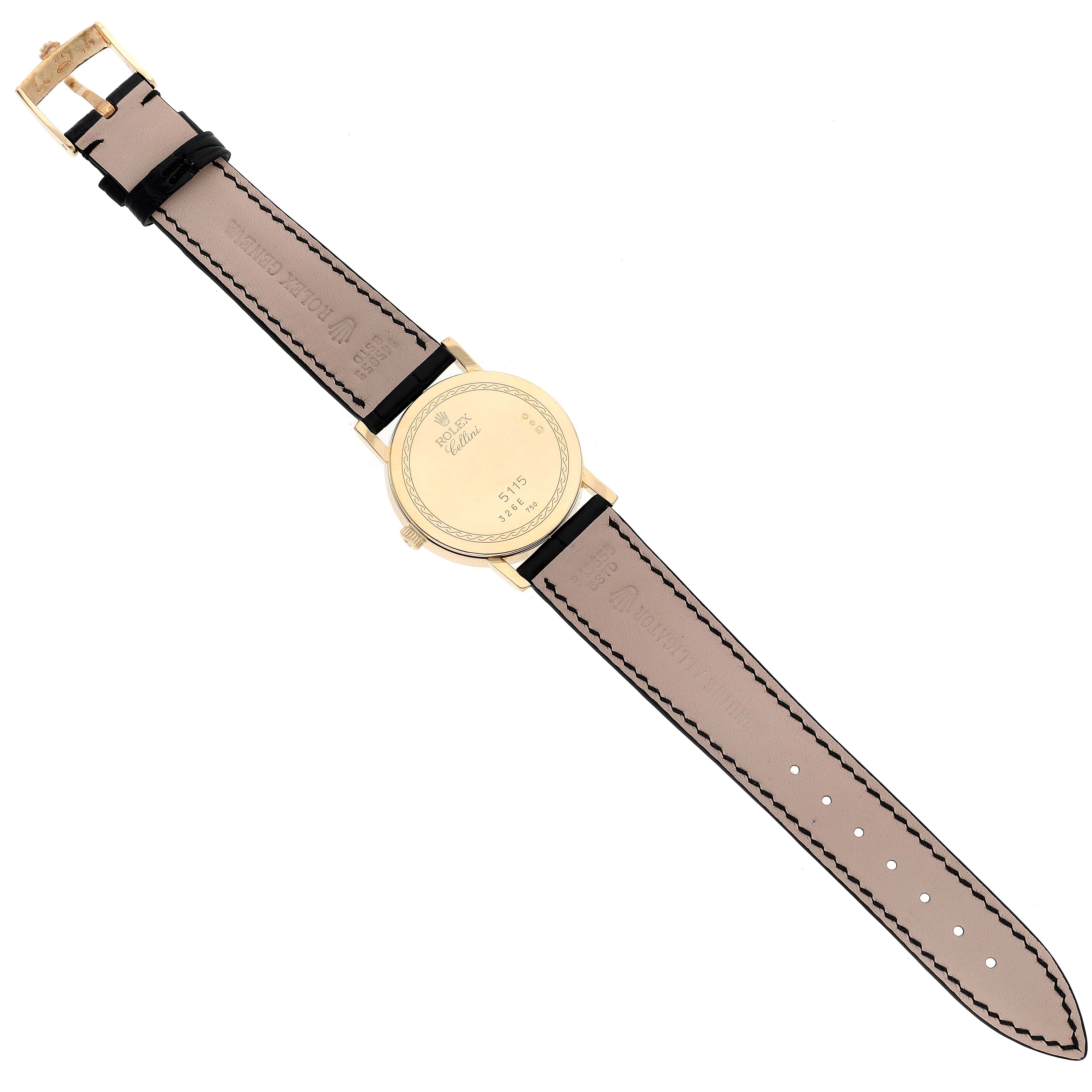 This image shows the back and strap of a Rolex Cellini 5115 Men's Yellow Gold Grey Dial 5115 Men's Yellow Gold Grey Dial watch laid flat, with a clear view of the case back and watch buckle.