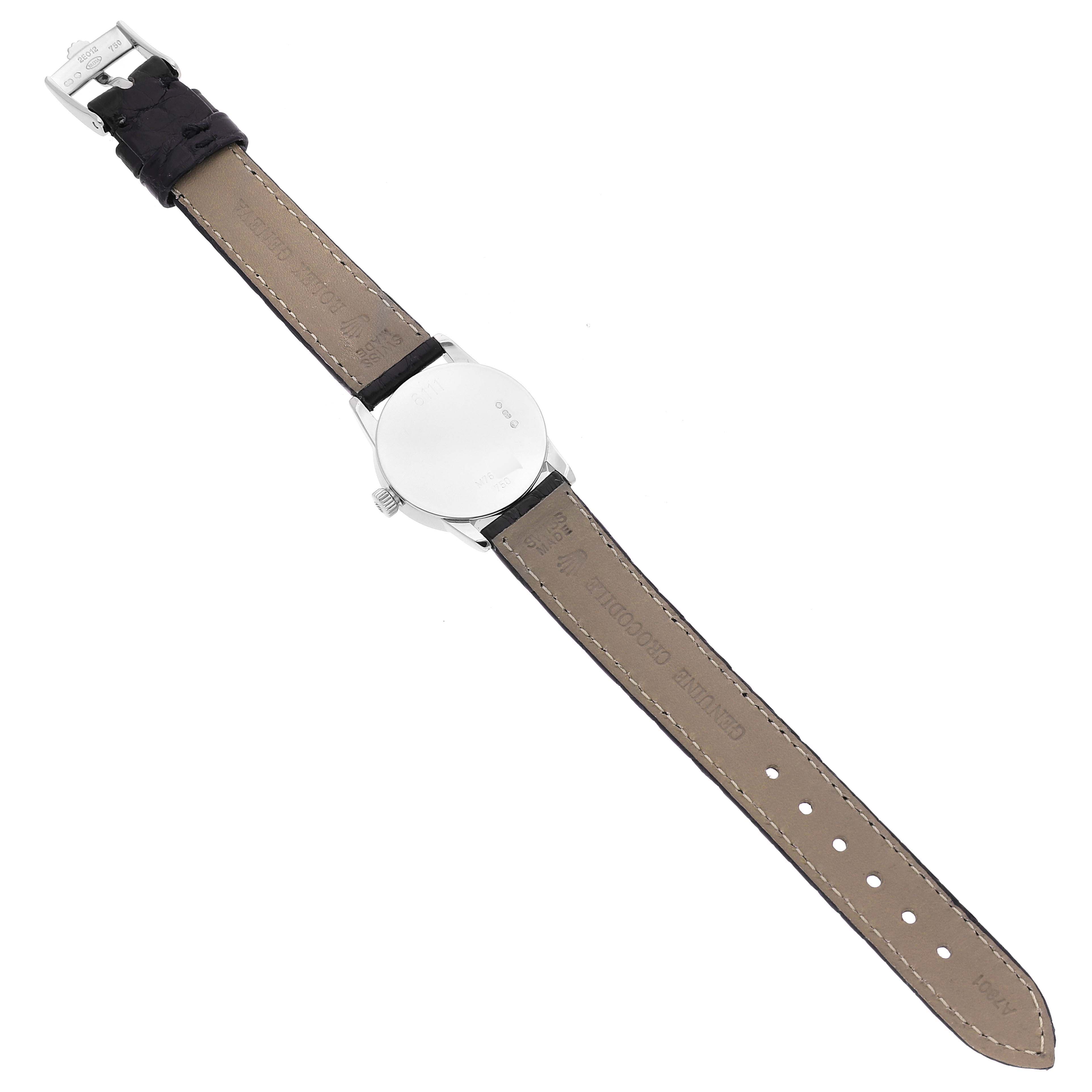 This image shows the back view of a Rolex Cellini 6111/1 Women's White Gold Silver Dial 6111/1 Women's White Gold Silver Dial watch, highlighting the leather strap and stainless steel case.