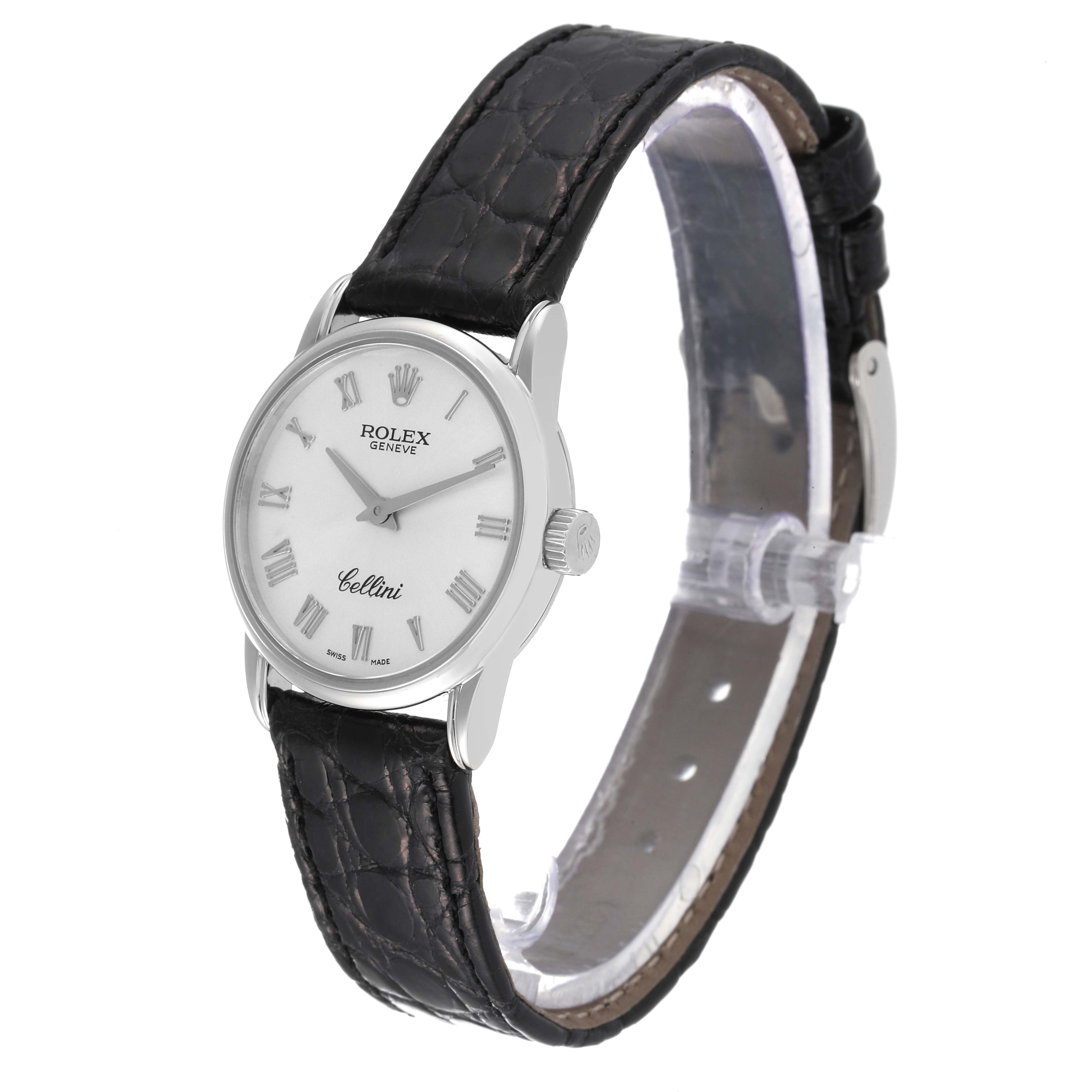 The image shows a front-right angled view of a Rolex Cellini 6111/1 Women's White Gold Silver Dial 6111/1 Women's White Gold Silver Dial watch, highlighting its face, dial, and leather strap.